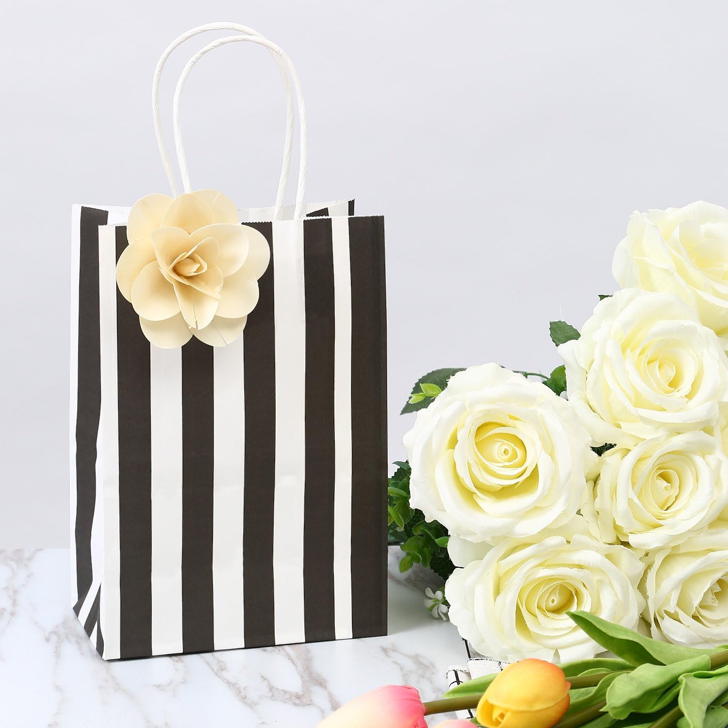 100Pcs Small Gift Bags, 5.25x3.25x8 Inches Black & White Striped Recycled Kraft Paper Bag with Handles Bulk for Christmas, Party Favors, Shopping, Goodie, Birthday, Retail, Halloween,Business,Gift Wrapping