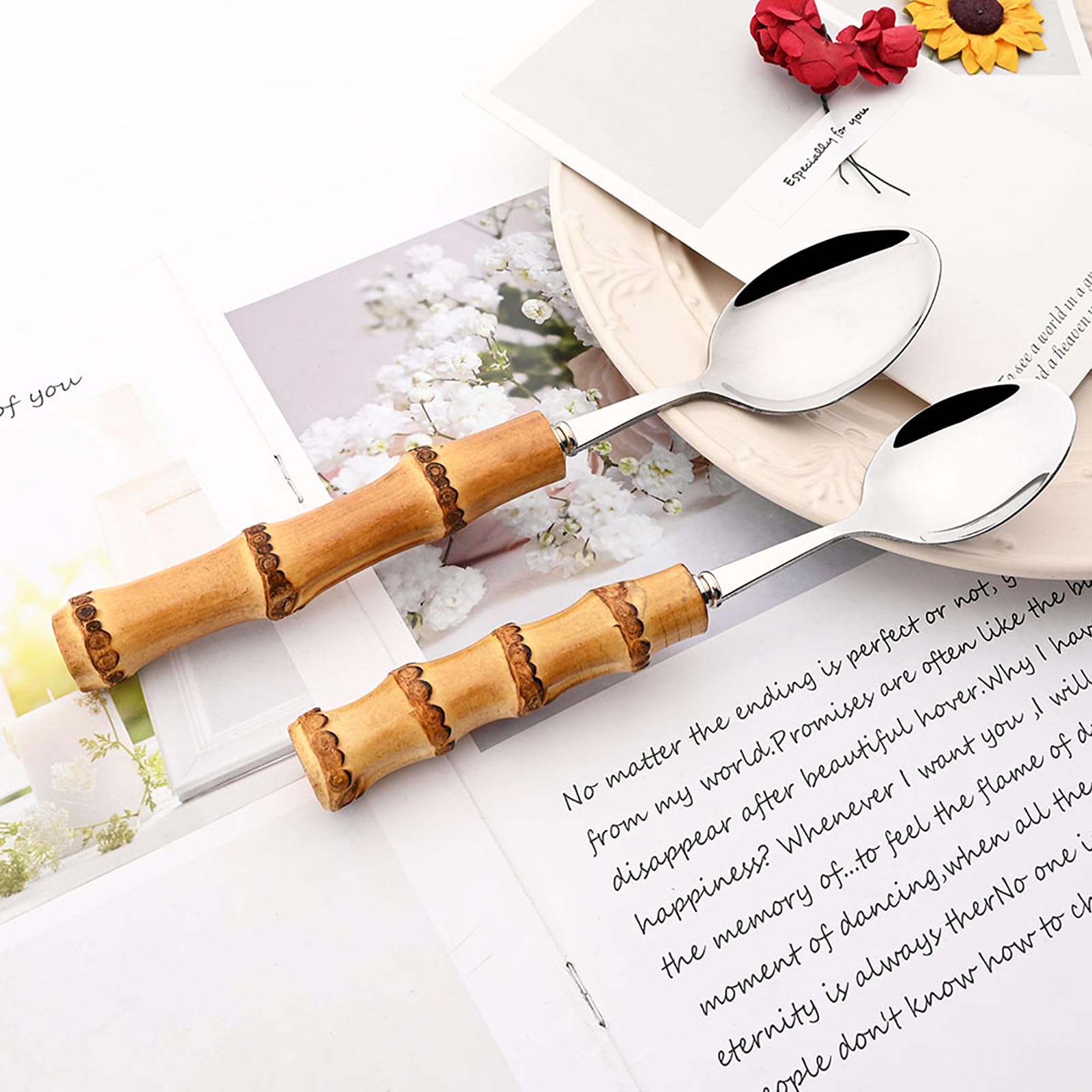 Snplowum 8pcs Silver Teaspoon, Stirring Spoon Bamboo Handle Ice Cream Spoon, Coffee Tea Spoon Set, Food Grade 18/10 Stainless Steel Tablespoons, 6.3-inch