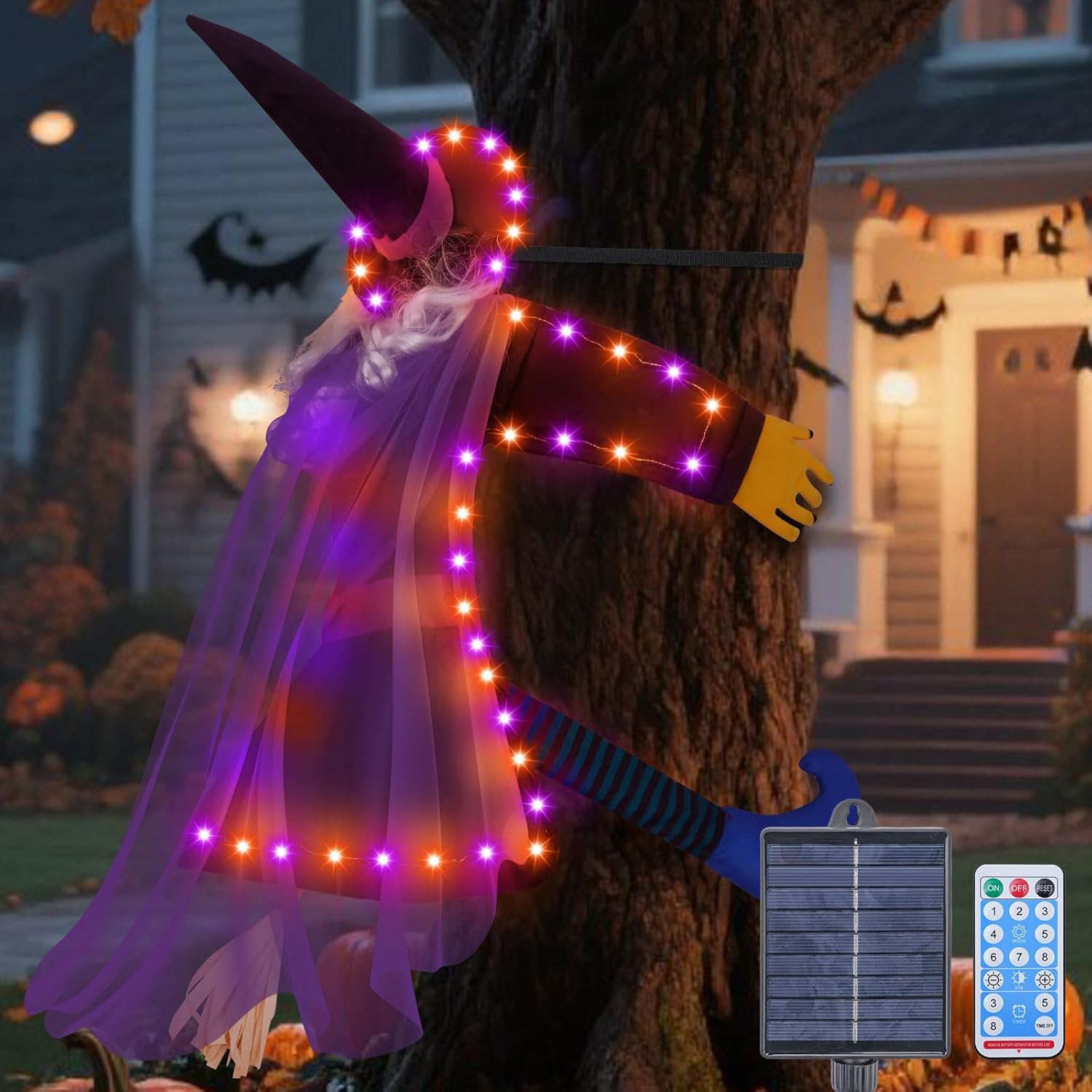 Solar Halloween Decorations Outdoor Witches, 43" Flying Witch Crashing into Tree Hallowen Decor on Broom, Halloween Witch Decor for Yard Door Fence Haunted House Props (Orange Purple)
