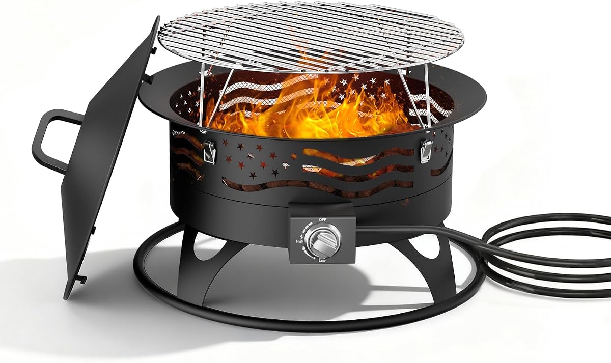 20 Inch Propane Fire Pit, Portable Gas Fire Pit Bowl for Outside, 60,000 BTU Smokeless Outdoor Firepit with Lid & Grill Grate for Patio, Yard, Gardenn, Camping | 60,000 BTU, with Lid & Grill Grate, Outside Use, Low Smoke,Portable Easy to Carry, for Patio, Yard, Gardenn, Camping