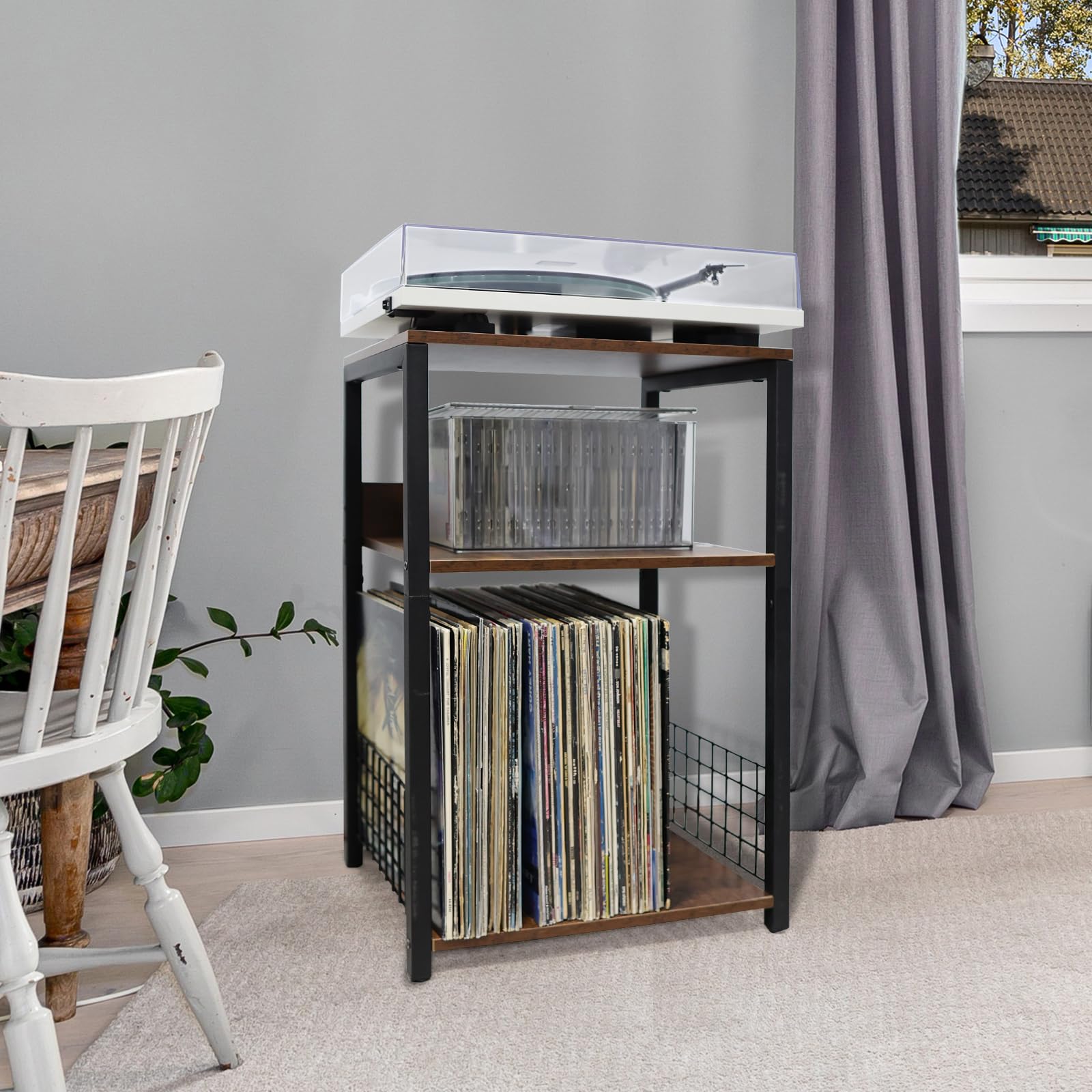 MayRecords Supporto per giradischi, tavolino con 3 ripiani in vinile, supporto per riporre fino a 100 album, supporto marrone per soggiorno, camera da letto