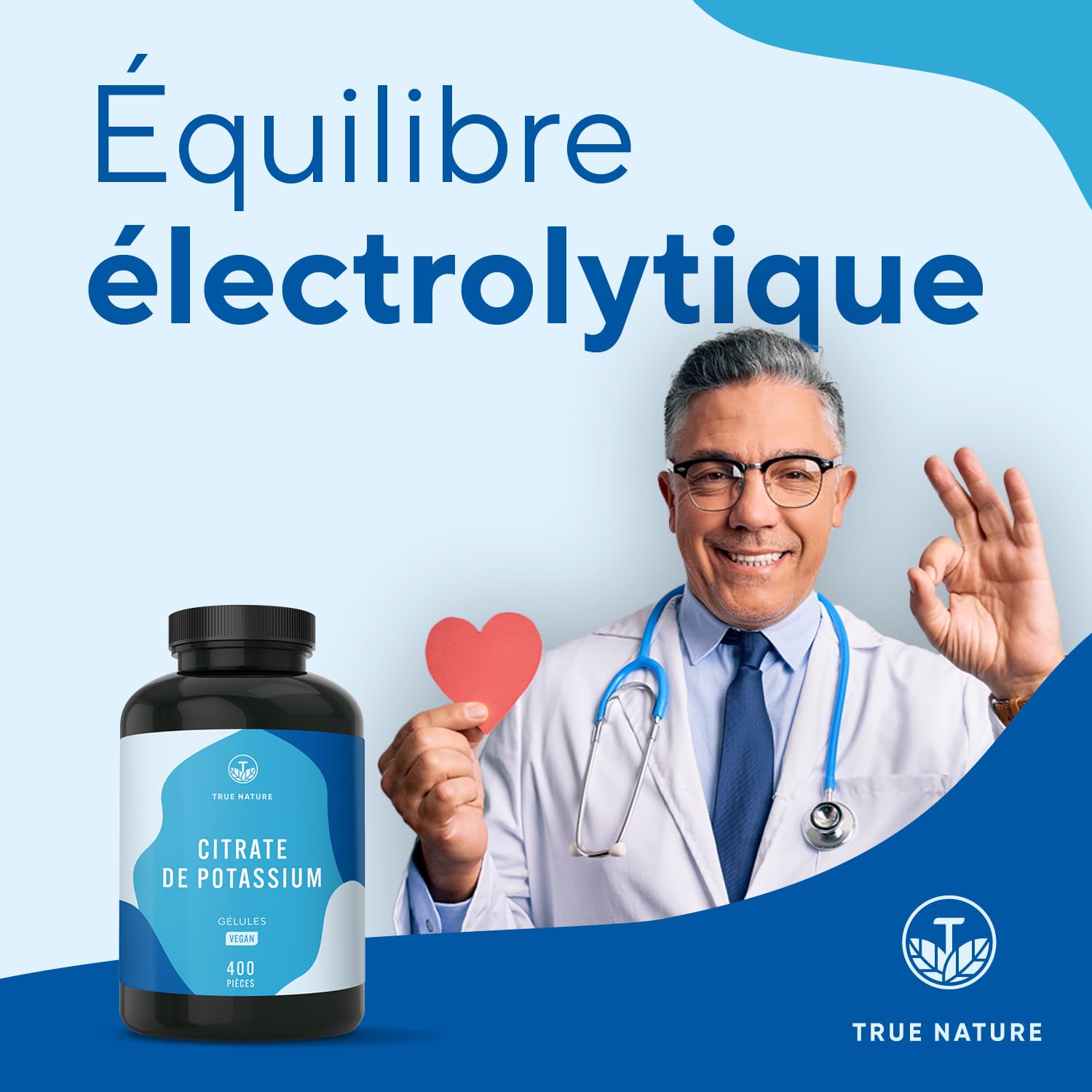 Citrate de Potassium 2.222 mg | 400 Gélules pour 200 jours - 800 mg Potassium Élémentaire - Complément Haute Dose - Vegan - Sans Additifs, Excipients, Gluten & Lactose | TRUE NATURE