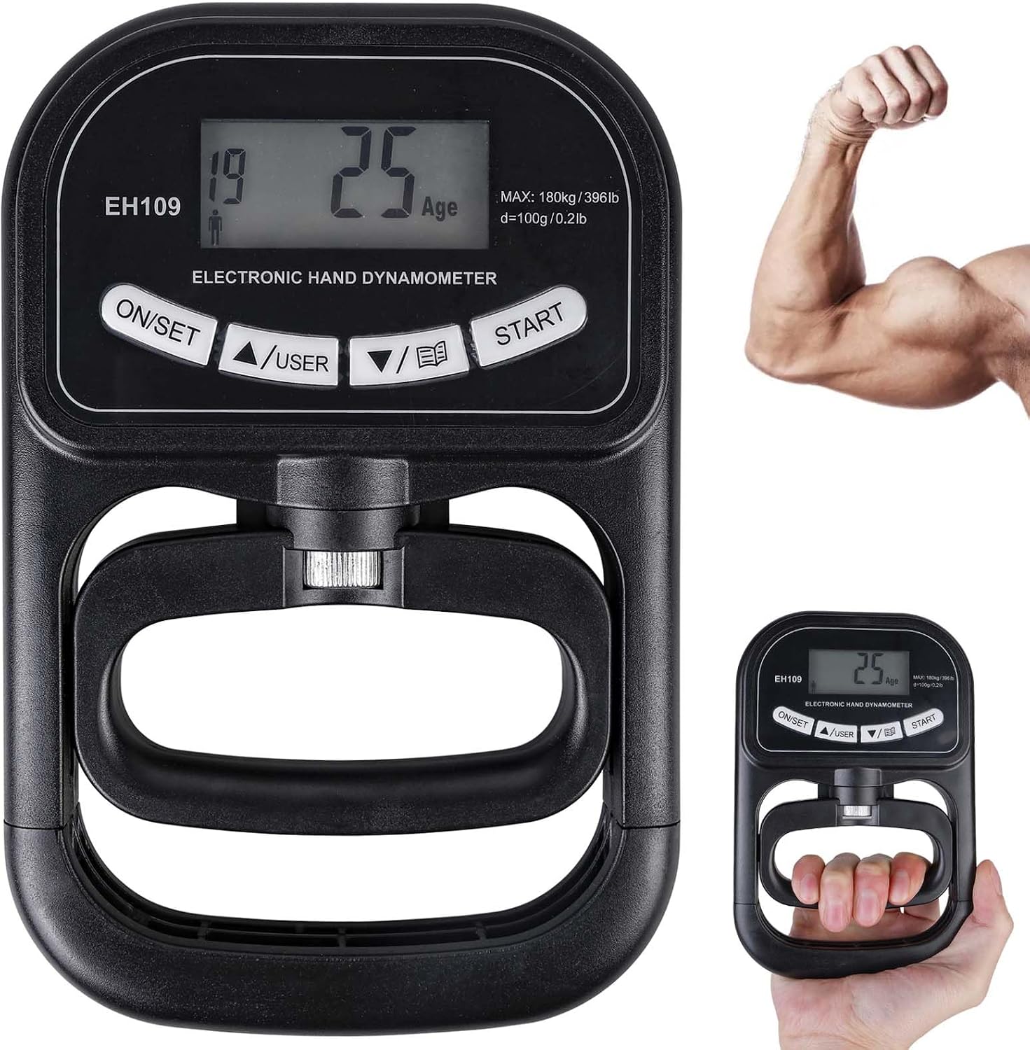 265 lbs / 120 kg Digital Hand Strength Gauge Hand Dynamometer with LCD Display Electronic Grip Strength Meter Digital Grip Strength Tester Grip Strength Trainer with USB Charging Cable Black