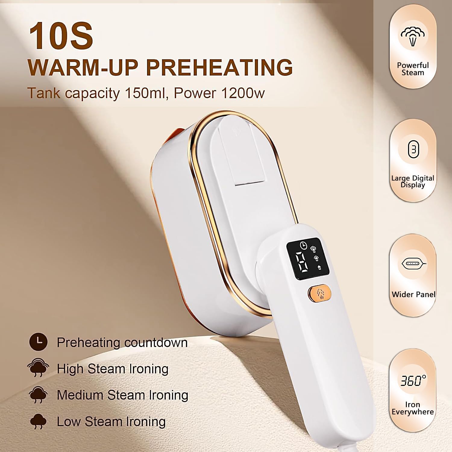 Steamer for Clothes, Wall Mounted Wet Dry Dual-purpose Portable Ironing Machine, 3 Level Adjustable Digital Display Screen 1200W High-power Steam Iron, Suitable for Home, Travel & Dormitory (White)