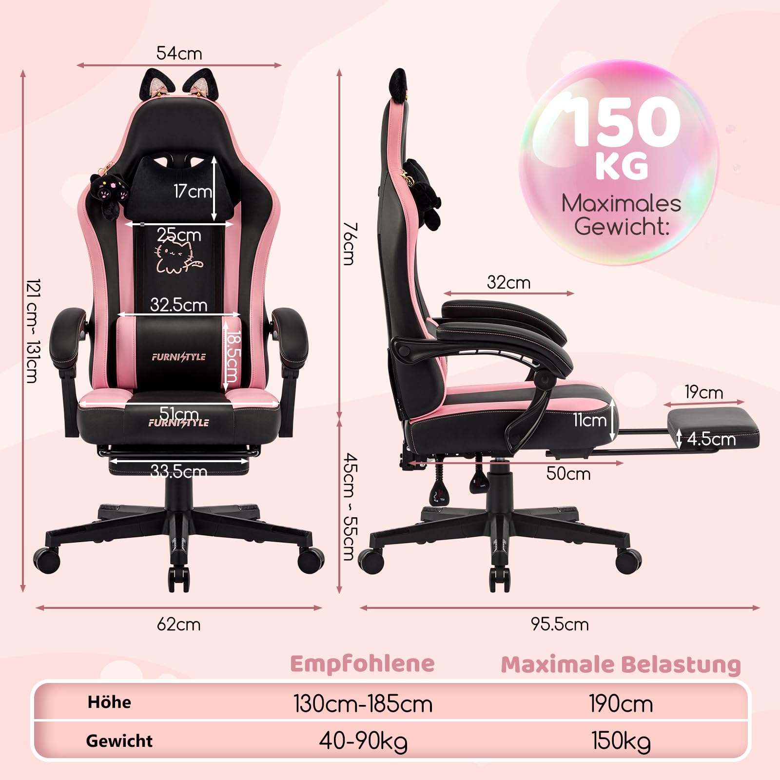 Hellove Cute Gaming Stuhl Katzenohren, Ergonomischer Computerstuhl mit Hoher Rückenlehne und Lendenwirbelstütze, Gamer Stuhl mit Fußstütze für Mädchen, Teenager, Kinder, PU-Leder, Schwarz Rosa
