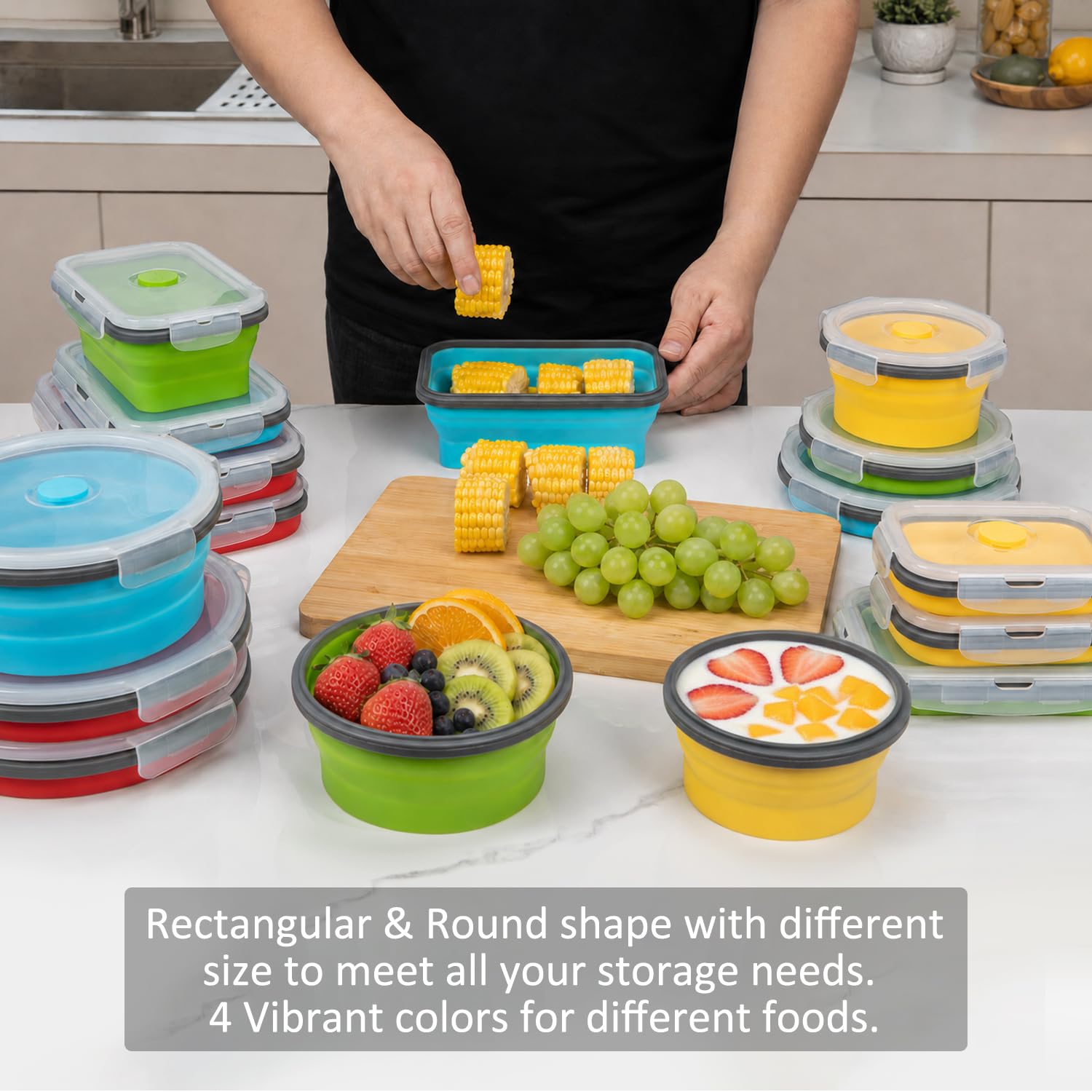 Contenedores plegables de almacenamiento de alimentos con tapa y ventilación de aire, paquete de 16, 8 rectangulares + 8 redondos, Annaklin plegables de silicona, juego de cuencos plegables, aptos