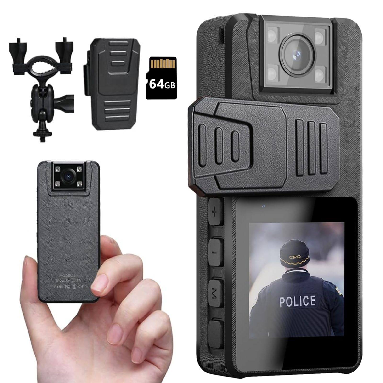 HoestrBody Camera 3000 mAh, 1296P Body Cam with IR Night Vision, 180° Rotating Lens and 2 Sturdy Clips, 64 GB Bodycam Body Camera, Ideal for Police Bikes Home Delivery