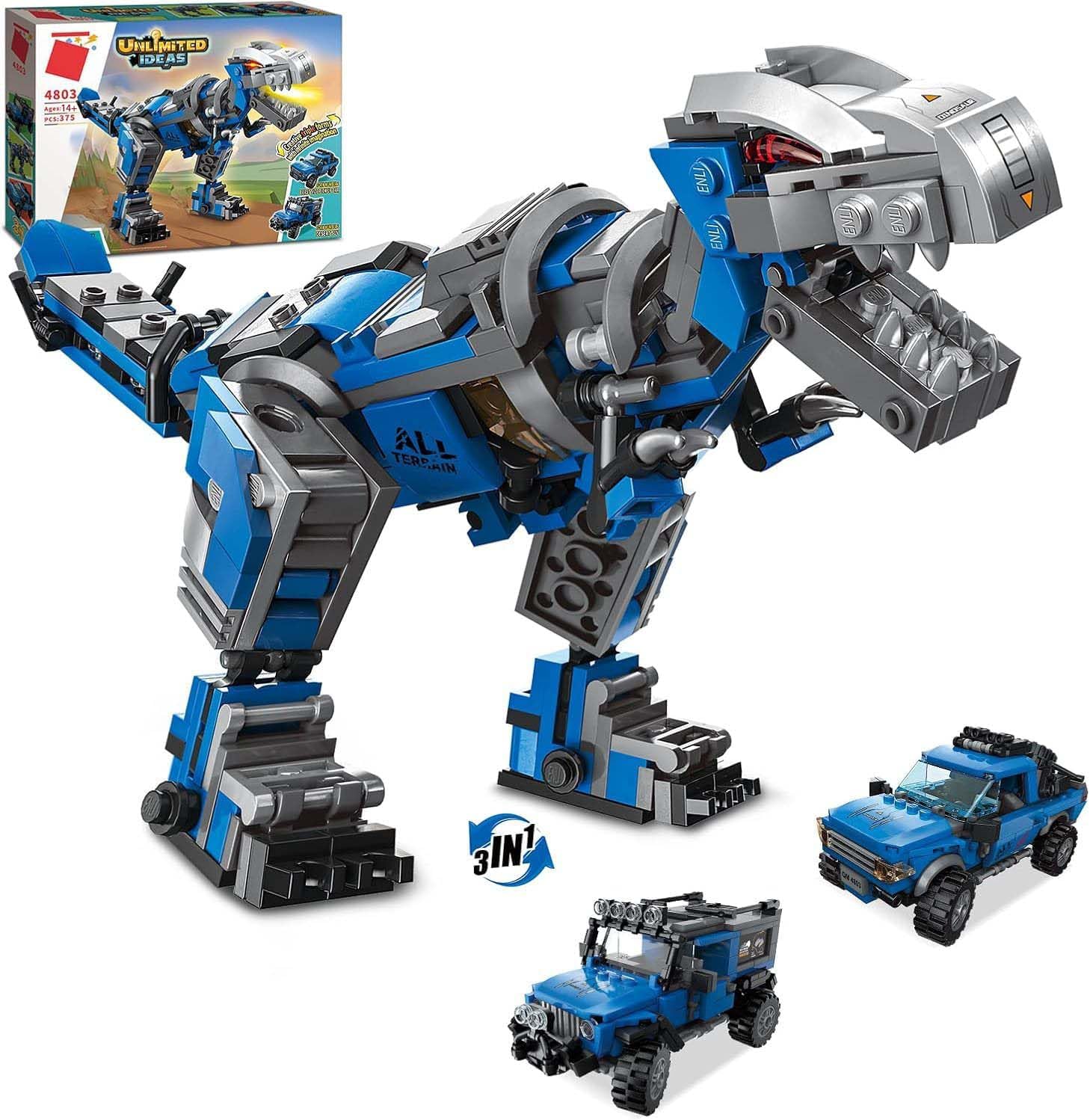 QLT QIAOLETONG Dinosauro Mech STEM 3 in 1 giocattolo da costruzione Dino mattoncini da costruzione per adulti e ragazzi 14 + blocchi di bloccaggio Ideas Dinosaurier (375 pezzi