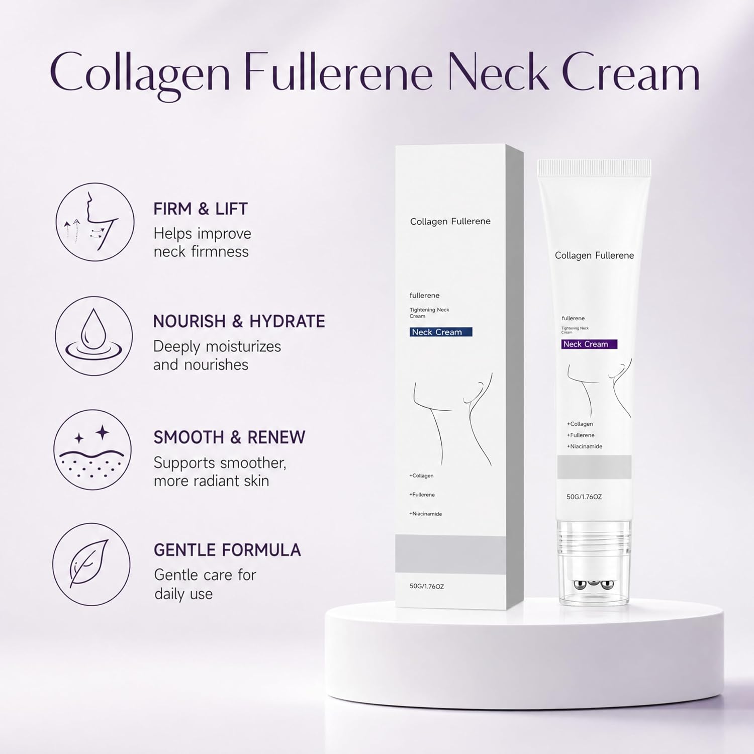 Magic Collagen Fullerene Neck Cream with Roller Massager, 1PCS | Tighten & lift firming cream for crepey skin. Perfect for jawline sculpting, V-line shaping & all skin types.