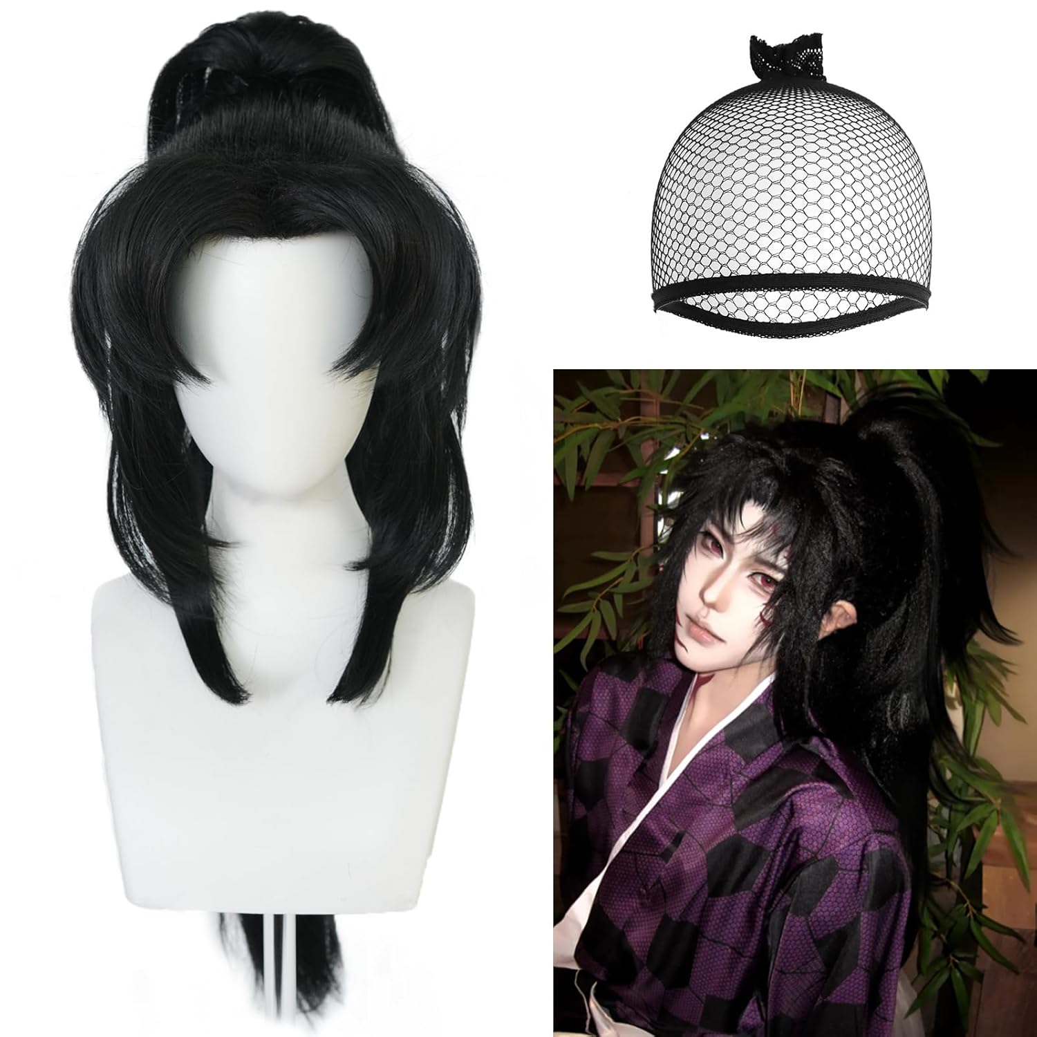 Long Black Cosplay Wig Black Anime Wigs with detachable Ponytail Wig for Men Natural Synthetic Curly Wigs for Daily Use Outfit Cosplay Costume Halloween Party + Hair Cap