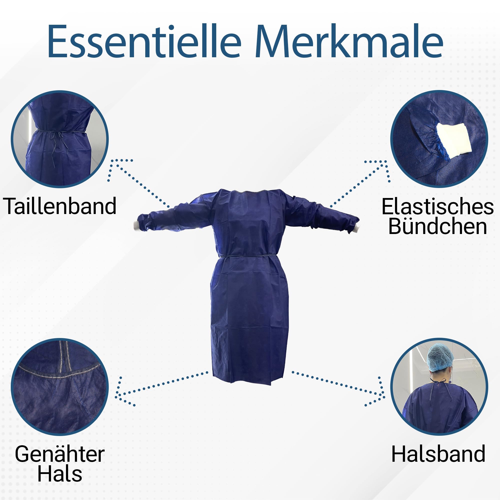 BORNOVA Einwegkittel schutzkittel einweg infektionsschutzkittel einmalkittel medizinisch mit ärmel einmal Patienten PP Professionelle Qualität Bequem Dunkelblau Nicht transparent - 25 gsm / 10 stück