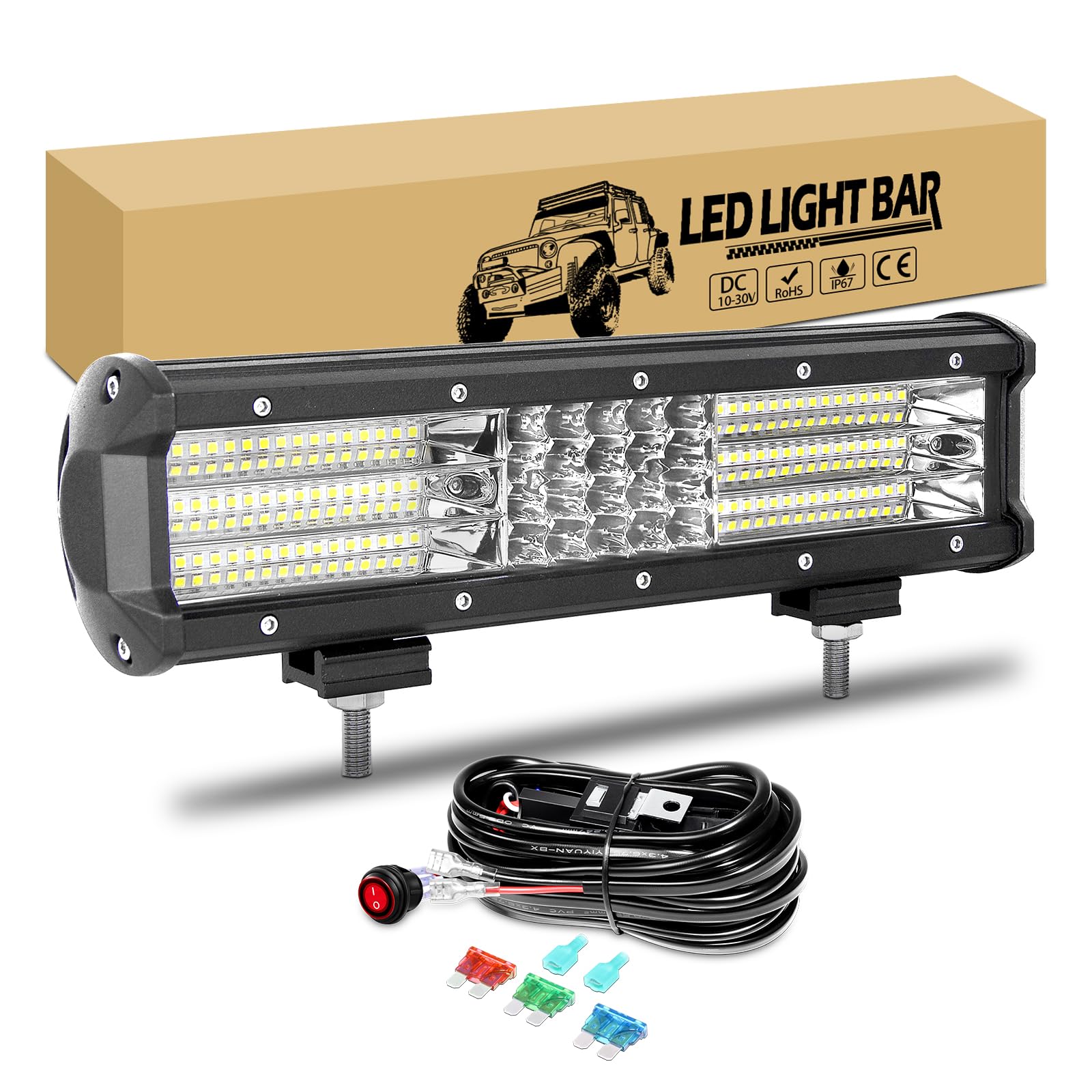 RIGIDON 12 cali 30 cm 330 W Led Bar z zestawem okablowania 12 V, pasek świetlny led reflektor roboczy do 4x4 Offroad Vehicle Car Truck ciągnik, 6000K światła przeciwmgielne