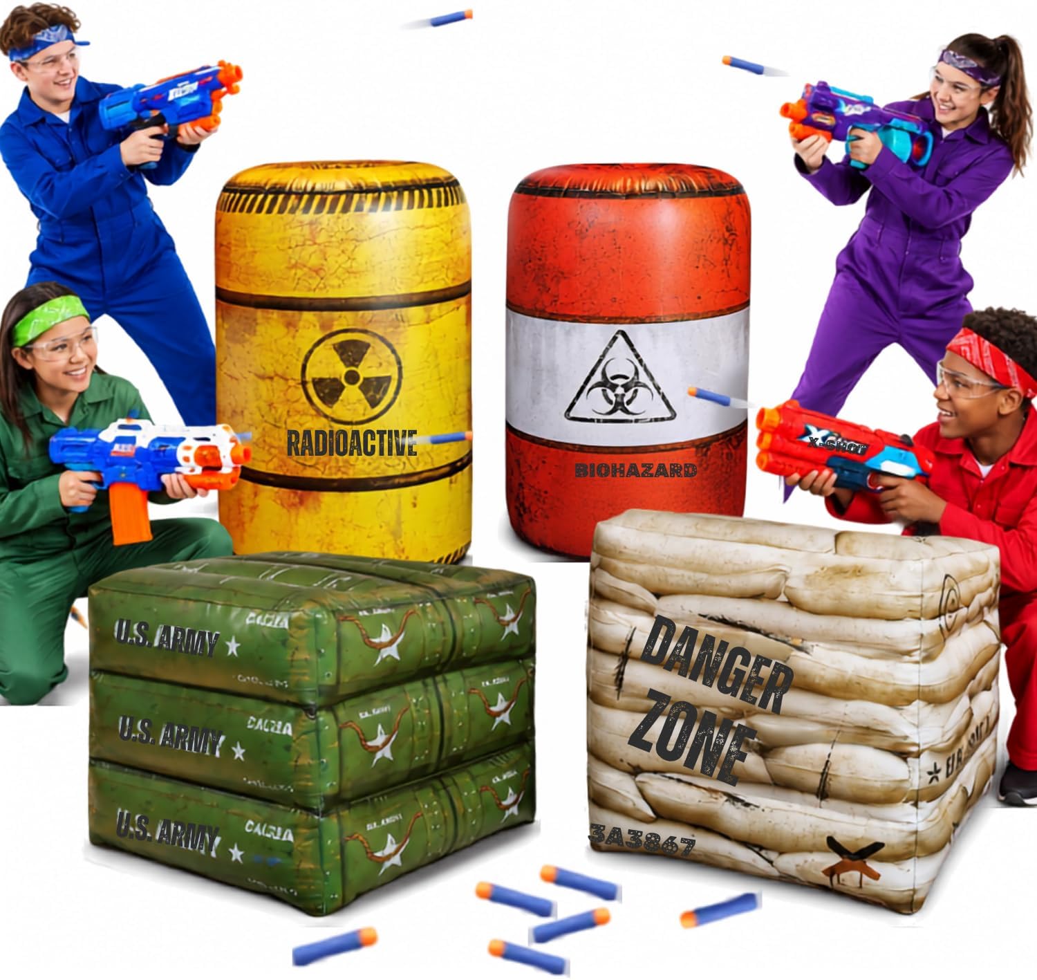 Package 4 Combat Battlefield Inflatables, Compatible with Nerf, Laser tag, Water Gun for Boys Birthday Party Activities and Decoration. [Premium Pack]
