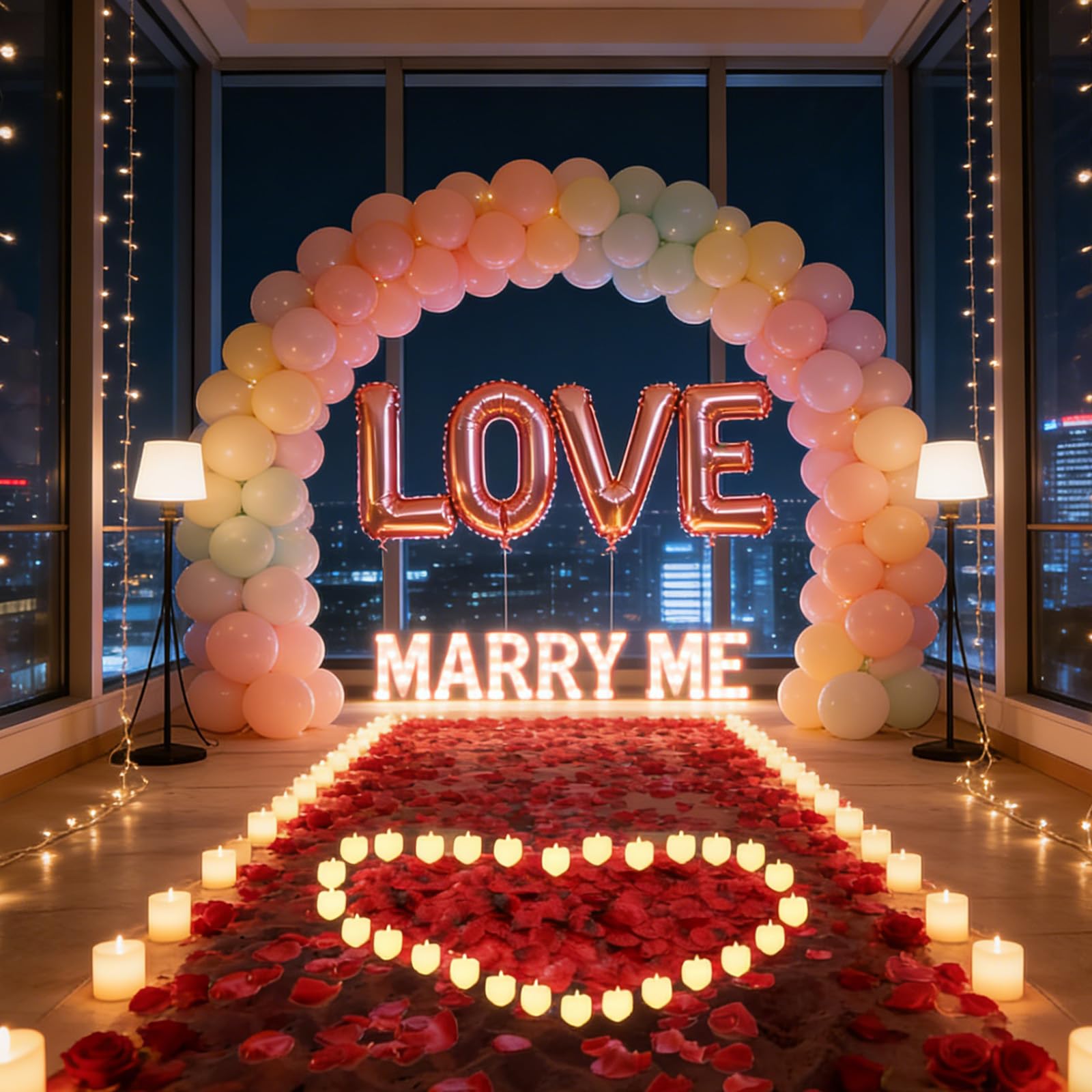 2031 pezzi rosa MARRY ME lettere luminose come decorazione per proposte di matrimonio, 2000 petali di rosa, cartello MARRY ME con 24 candele a cuore senza fiamma, per proposte di matrimonio