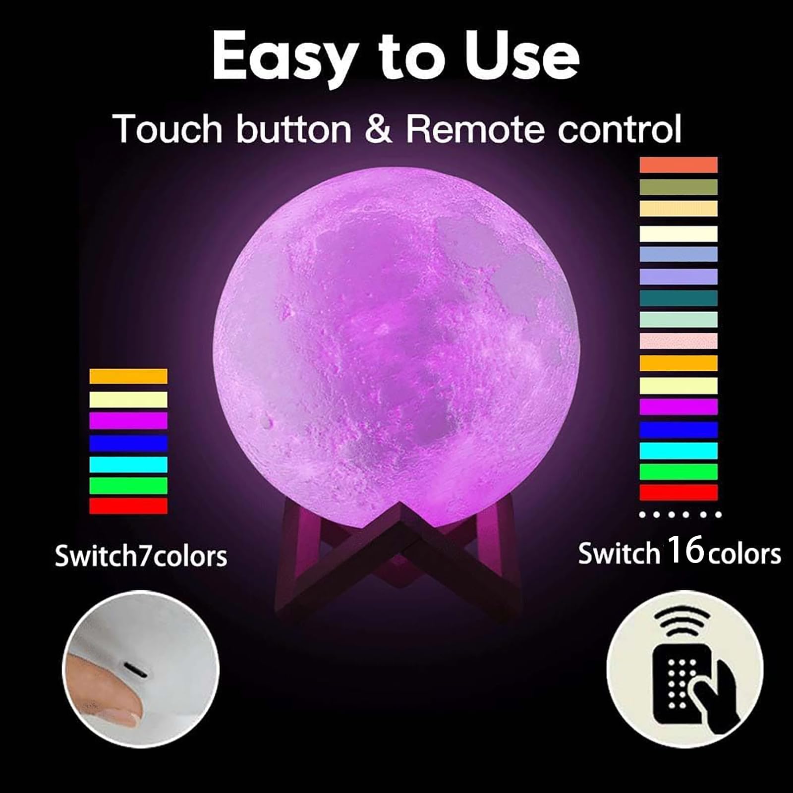 Lámpara de luna, luz nocturna de impresión 3D con temporizador, soporte de madera y control táctil remoto, ideal para niños y decoración del hogar, 12 cm