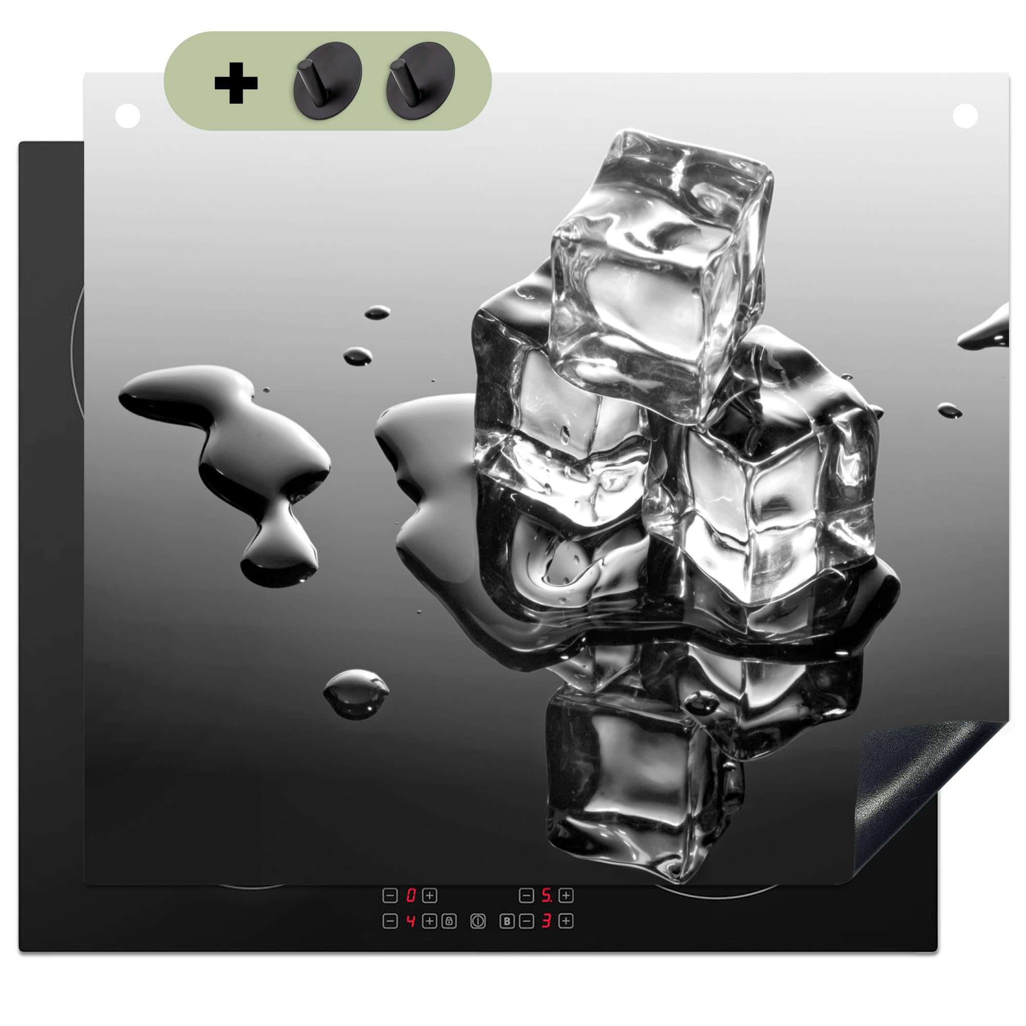KitchenYeah© Antisalpicaduras Cocina 52x60 cm Protector Salpicaduras Pared Chapa Kitchen Panel Vitrocerámica Accesorios Salpicadero Decoración Hielo - Agua - Gris - Negro | 60 x 52 cm – Revestimiento de pared, placa de cubierta para estufa hielo – Agua –
