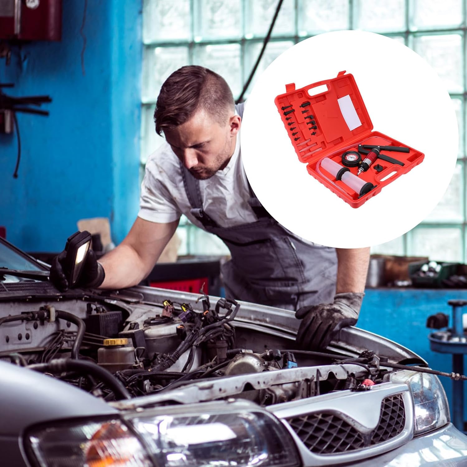 GARVALON Brake Fluid Pressure Pump and Vacuum Brake Bleeder Kit with Manual Pump and Adapters and Clutch Fluid Bleeding Automotive Tool Set