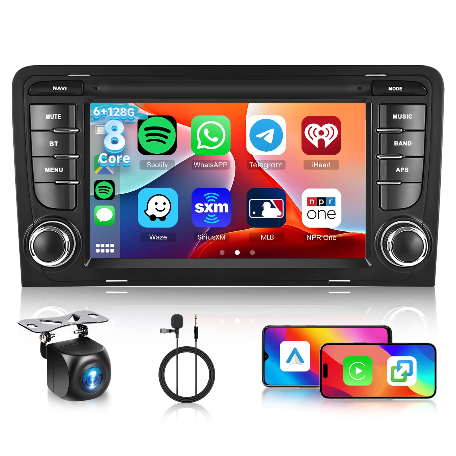 6G+128G 8-Core Android Radio para Audi A3 2003-2012/S3 2006-2012/RS3 2011-2012 con Carplay Android Auto Inalambrico, Hodozzy Pantalla Táctil 7 Pulgadas con Bluetooth GPS WiFi DSP FM/RDS Radio, Cámara