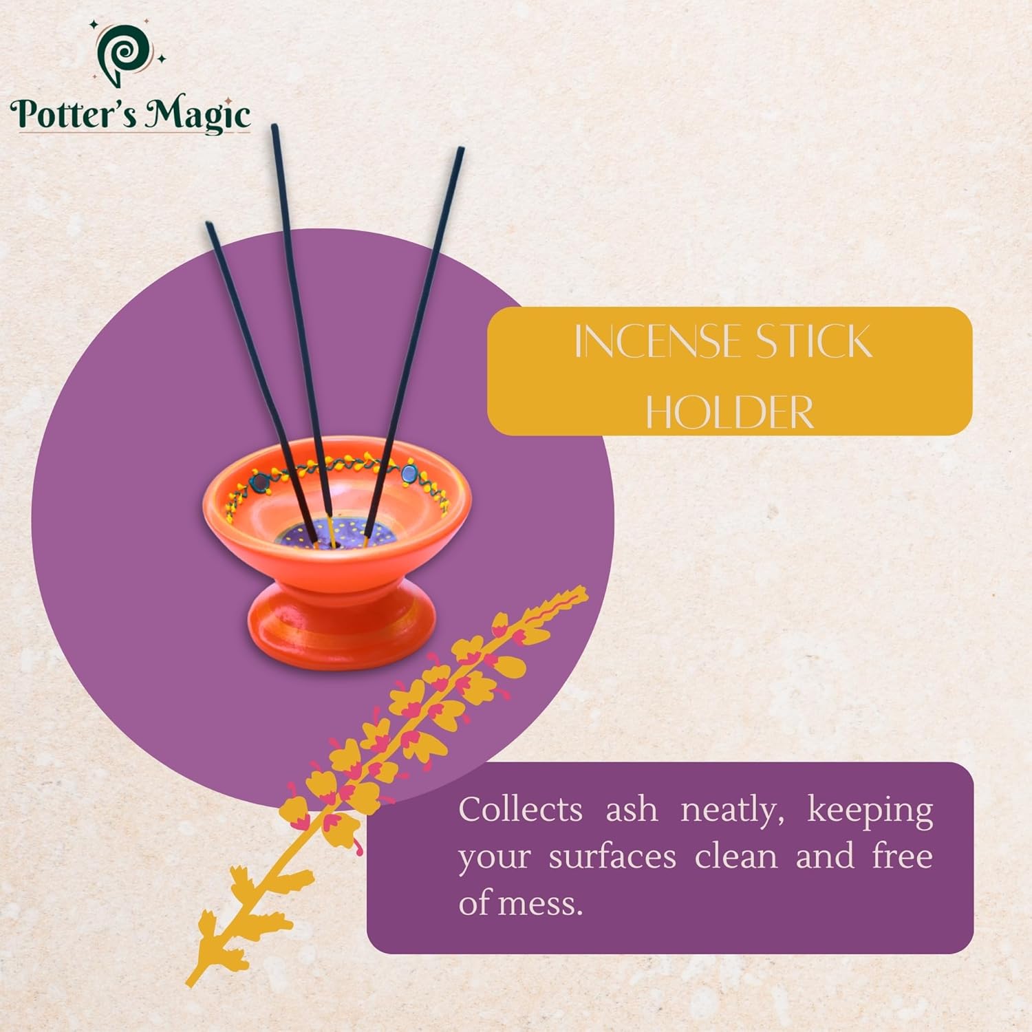 Potter's Magic Agarbatti Stick Holder | Incense Sticks Holder | Ash Catcher/Agarbatti Stand | Terracotta Incense Holders | Bathi Stand for Pooja | Decorative, Designer & Handcrafted | Orange, Pack-1