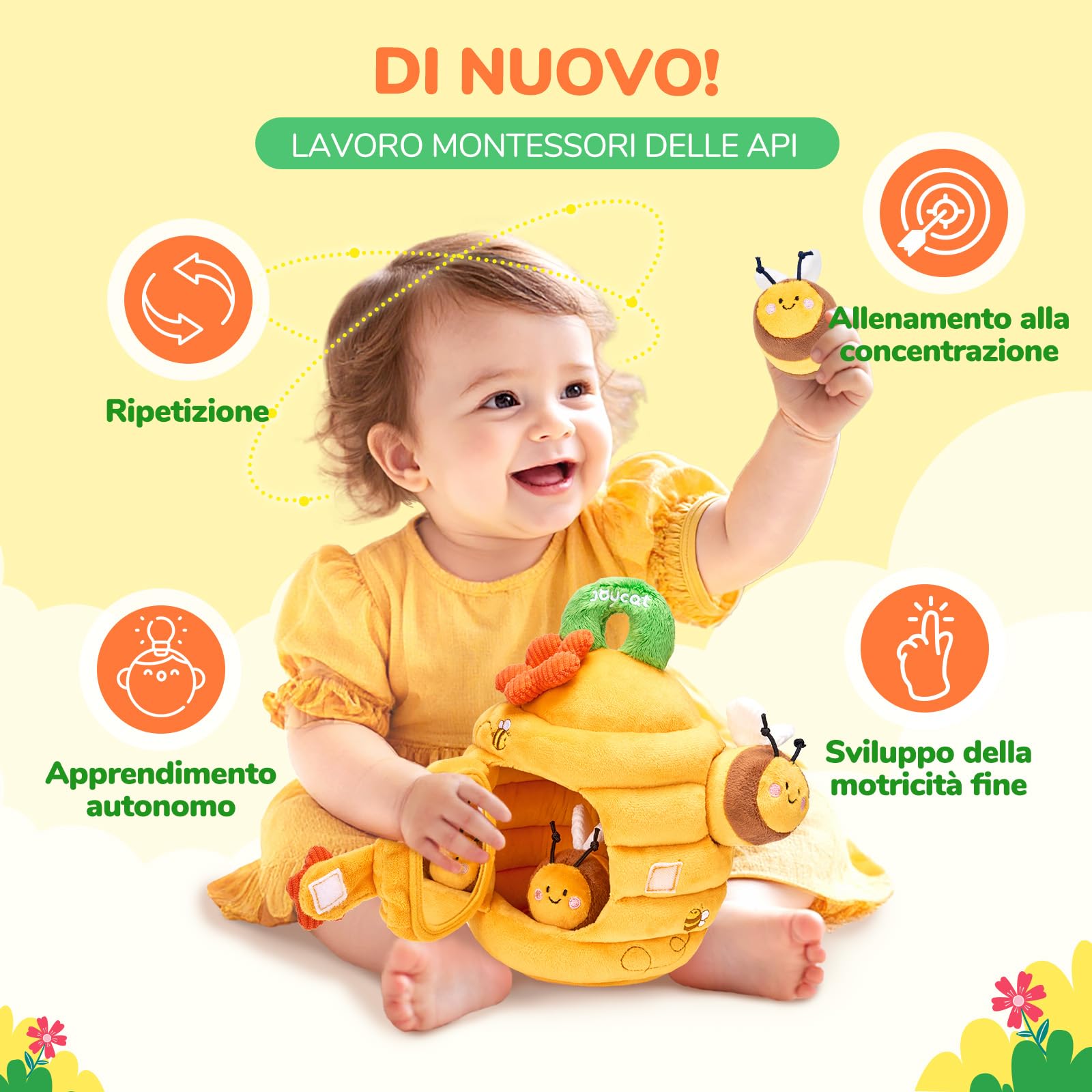 JoyCat Giochi Neonato 6-12 Mesi, Baby Alveare Morbido con 5 Api di Peluche, Sonaglio e Specchio, Giochi Montessori 6 8 9 Mesi, Gioco Bambino Sensoriale Regalo Bimbo Bimba 1 Anno