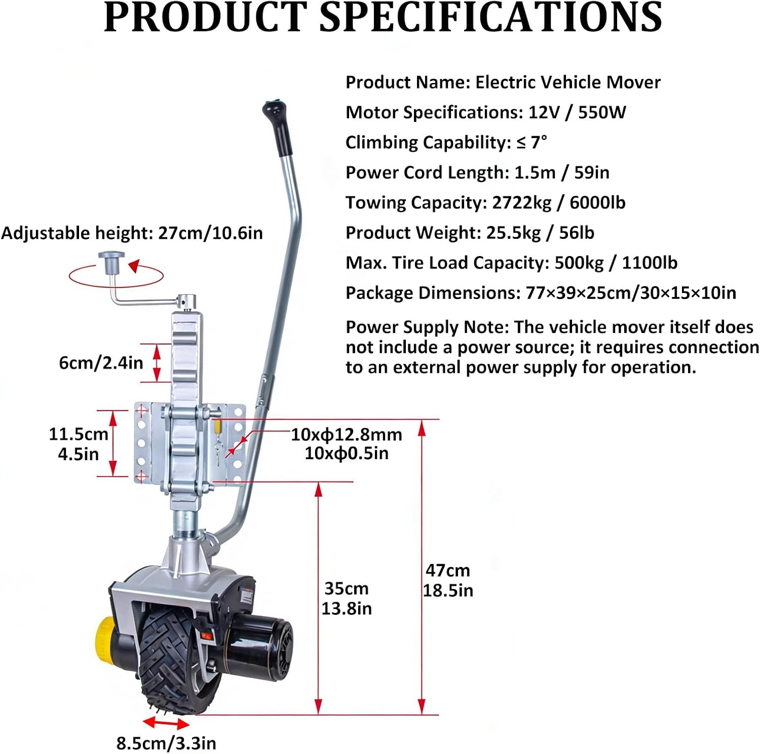 Motorized Jockey Wheel, 12V 550W Motorized Wheel with 6000lb Max Load & 5-7m/min Speed, for Caravans and Boat Trailers