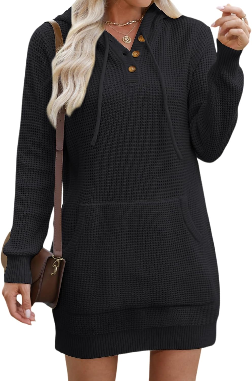 CiCiBird Women Fall Sweater Dress Knit V Neck Pullover Casual Long Sleeve Short Dresses with Pockets Black X-Large