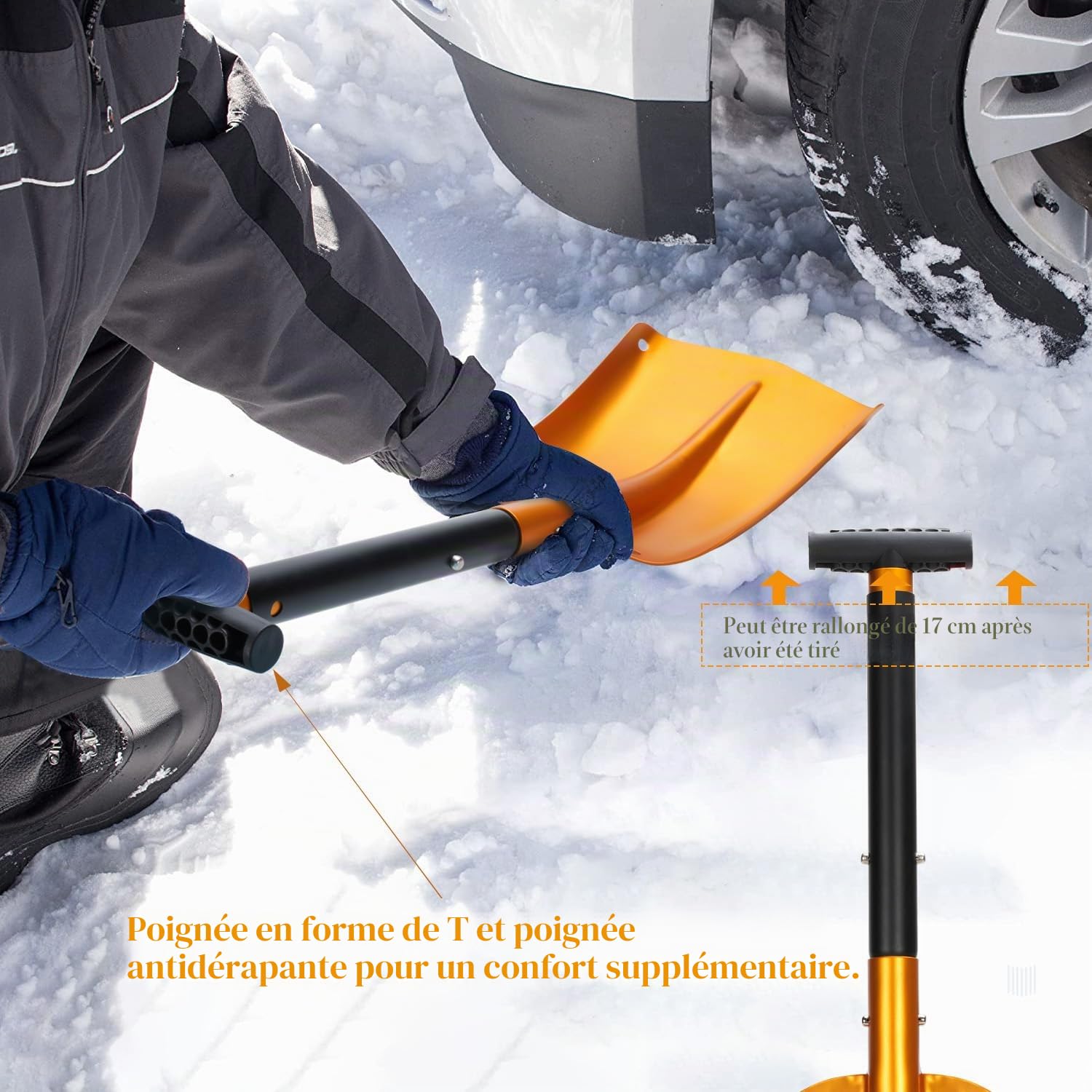 Pelle à neige pliable 4 en 1, pelle à avalanche en aluminium robuste avec sac, pelle amovible de 40 x 30 cm pour voiture, urgence, camping, allée et déneigement dans le jardin