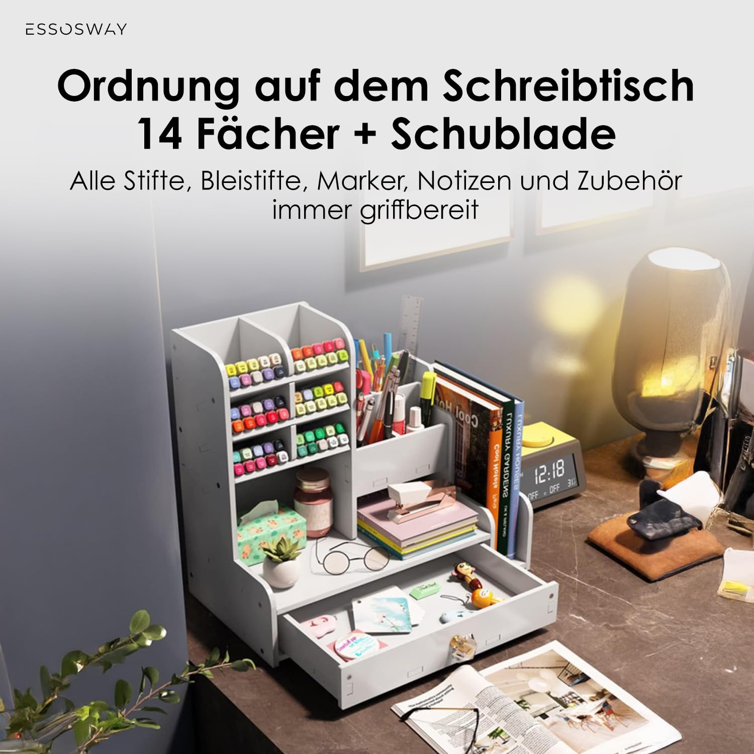 Schreibtisch Organizer - mit Stiftehalter - 14 Sortierfächer und Schublade - Büro Home Office Schule Zubehör - Weiß