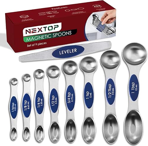Miniatura 15 de Juego de 9 cucharas medidoras magnéticas de acero inoxidable, apilables, de doble cara, cucharas medidoras para medir ingredientes secos y líquidos,