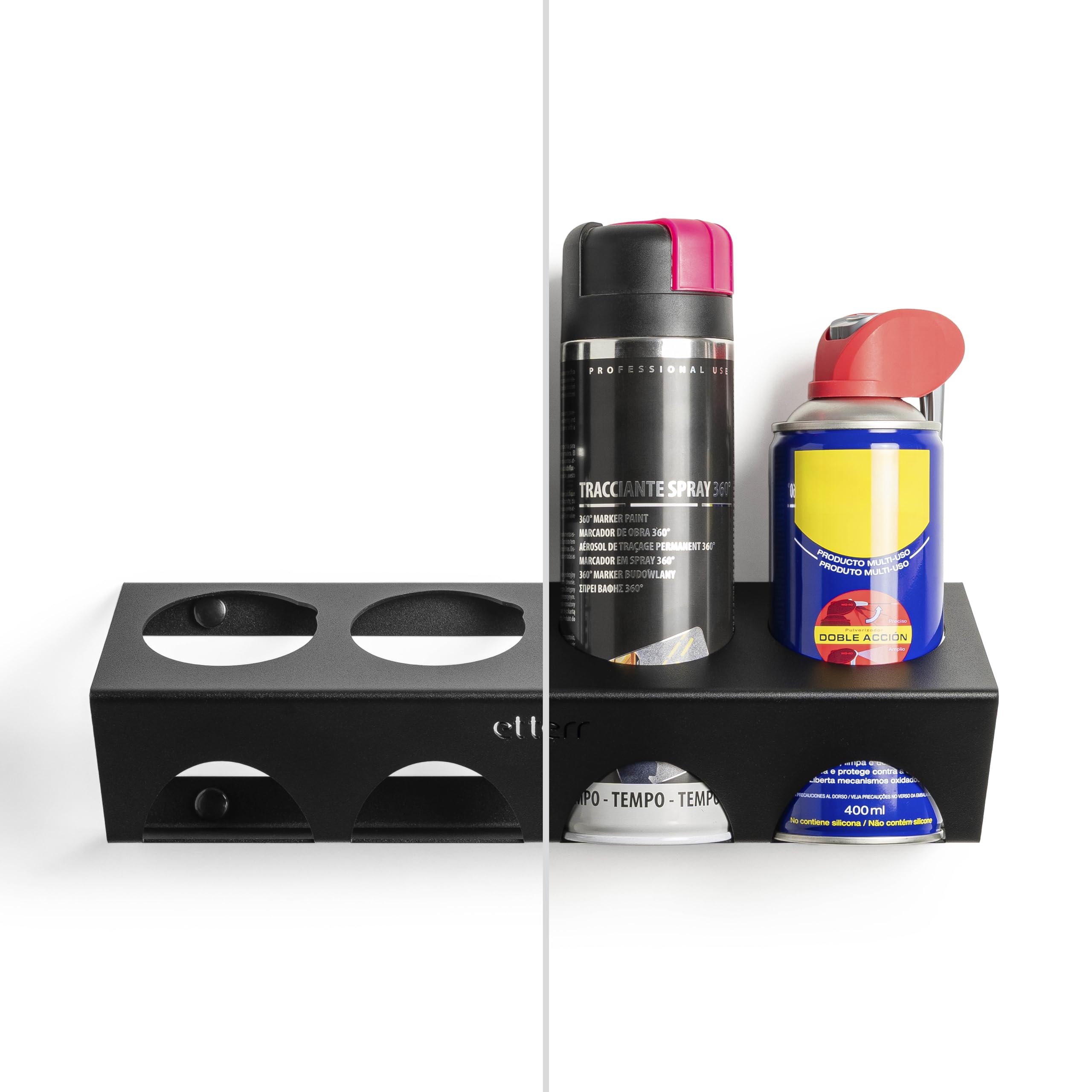 Soporte de Pared para Sprays y Aerosoles Ø65 mm | 100 % Acero Reforzado | Organizador Estantería Balda Taller, Garaje, Furgoneta | Fabricado en Europa | 400 ml | 500 ml | 366 g | 4 Botes