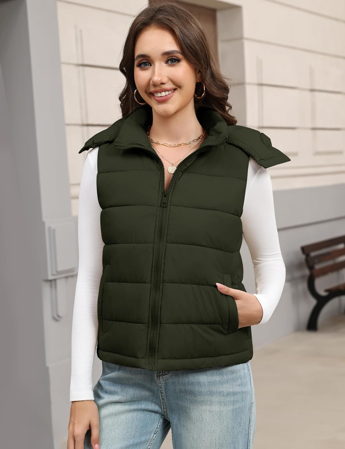 Women's Puffer Vest Detachable Hooded Stand Collar Zip Up Puffy Quilted Vests Outerwear With Pockets Fall Winter - Image 3