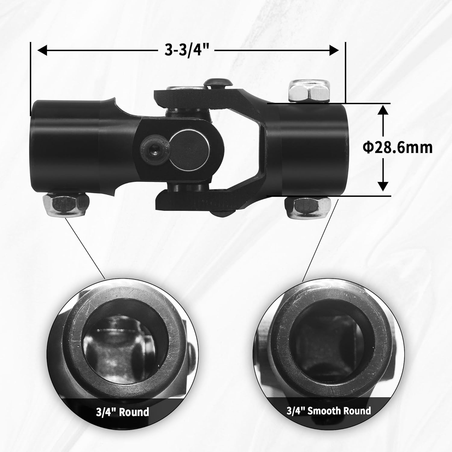 3/4" Round x 3/4" Smooth Round Black Steering Universal Joint Single U Joint Shaft,Total Length: 96mm (3-3/4")