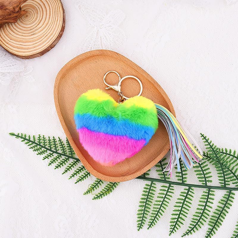 Rainbow Faux Fur Keychain for Purse Charms for Handbags Colorful Heart Shaped Plush Keychain for Bag Charms for Tote Bags Cute Rainbow Fluffy Key Chain for Car Keys Backpack Accessories for Women - Image 7