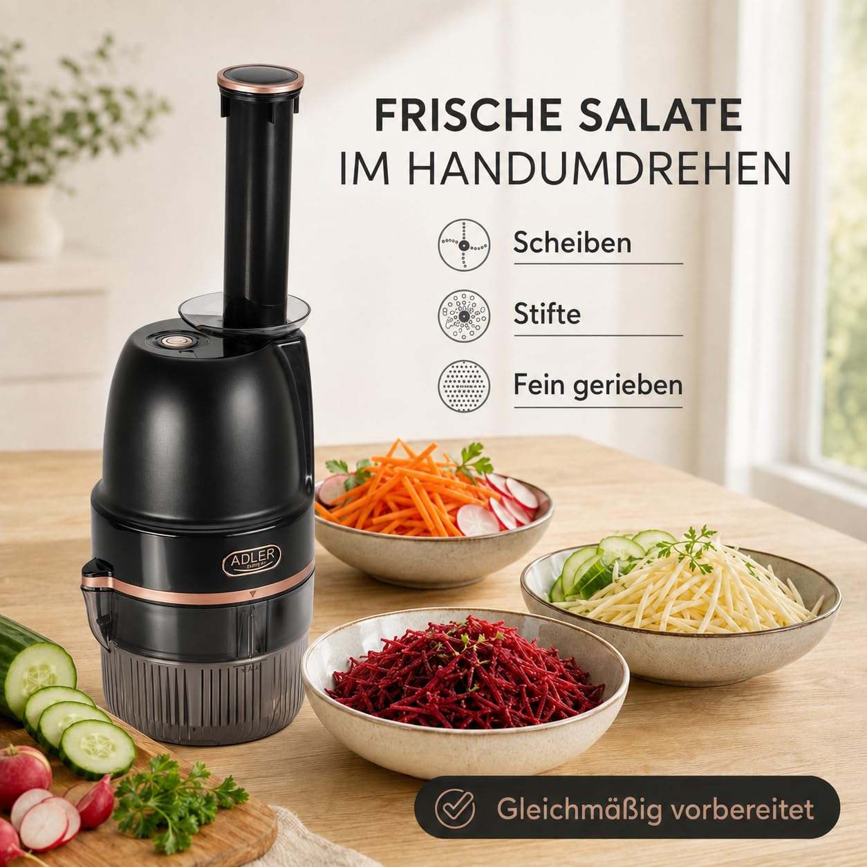ADLER EUROPE Kompakt Elektrische Reibe 4-in-1 900ml - 4 Einsätze, 200W | Gemüse- und Obstreibe – für Kartoffeln, Zucchini, Obst und Nüsse, Pesto – Püree, Kartoffelpuffer – spülmaschinenfeste Teile
