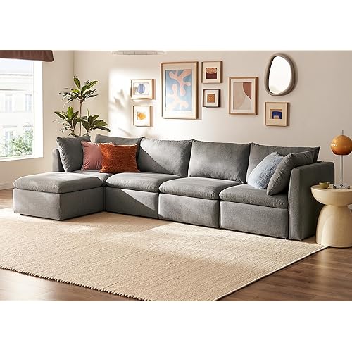 mopio Oversized Modular Sectional Sofa with Fully Removable Covers and Storage, Convertible U, L-Shaped and Sleeper Sectional, Modern Couches with Ottoman Chaise (Stone Gray Fabric, 5 Seats, L)