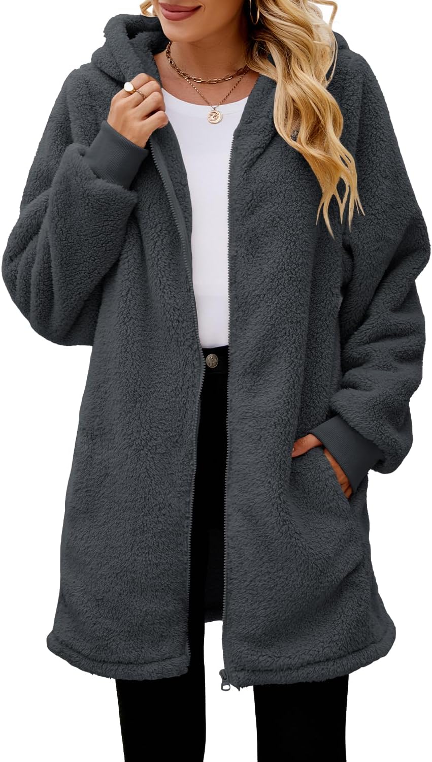 ReachMe Womens Fleece Zip Up Jacket with Pockets Oversized Long Sherpa Hoodie Fuzzy Jackets Warm Teddy Coat