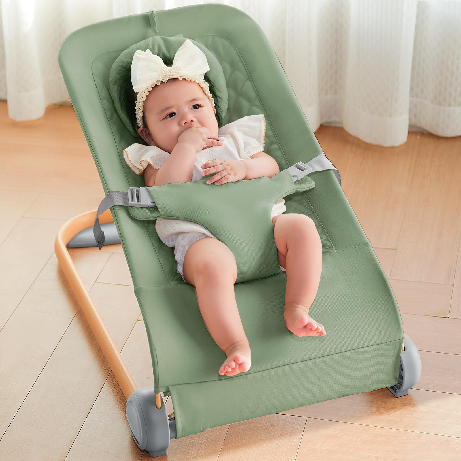 Fodoss Baby Bouncer, Portable Bouncer Seat for Infants, Ergonomic Design Baby Bouncer Chair, Bouncer for Babies 0-12 Month-Green