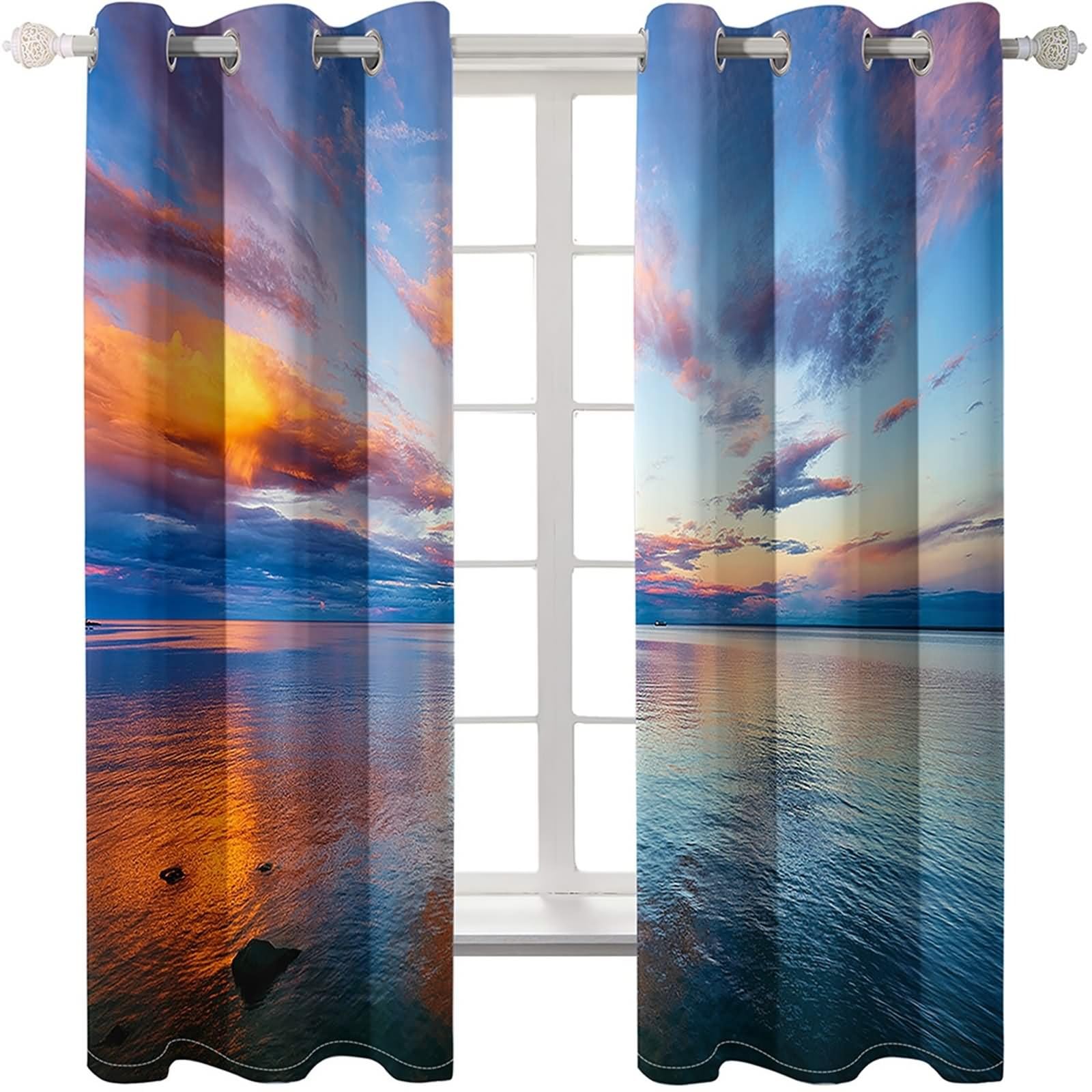 Nieprzezroczyste zasłony wewnętrzne, nieprzezroczysta zasłona do sypialni wielokolorowa krajobraz oceaniczny poliester zestaw 2 szt. 214 x 183 cm