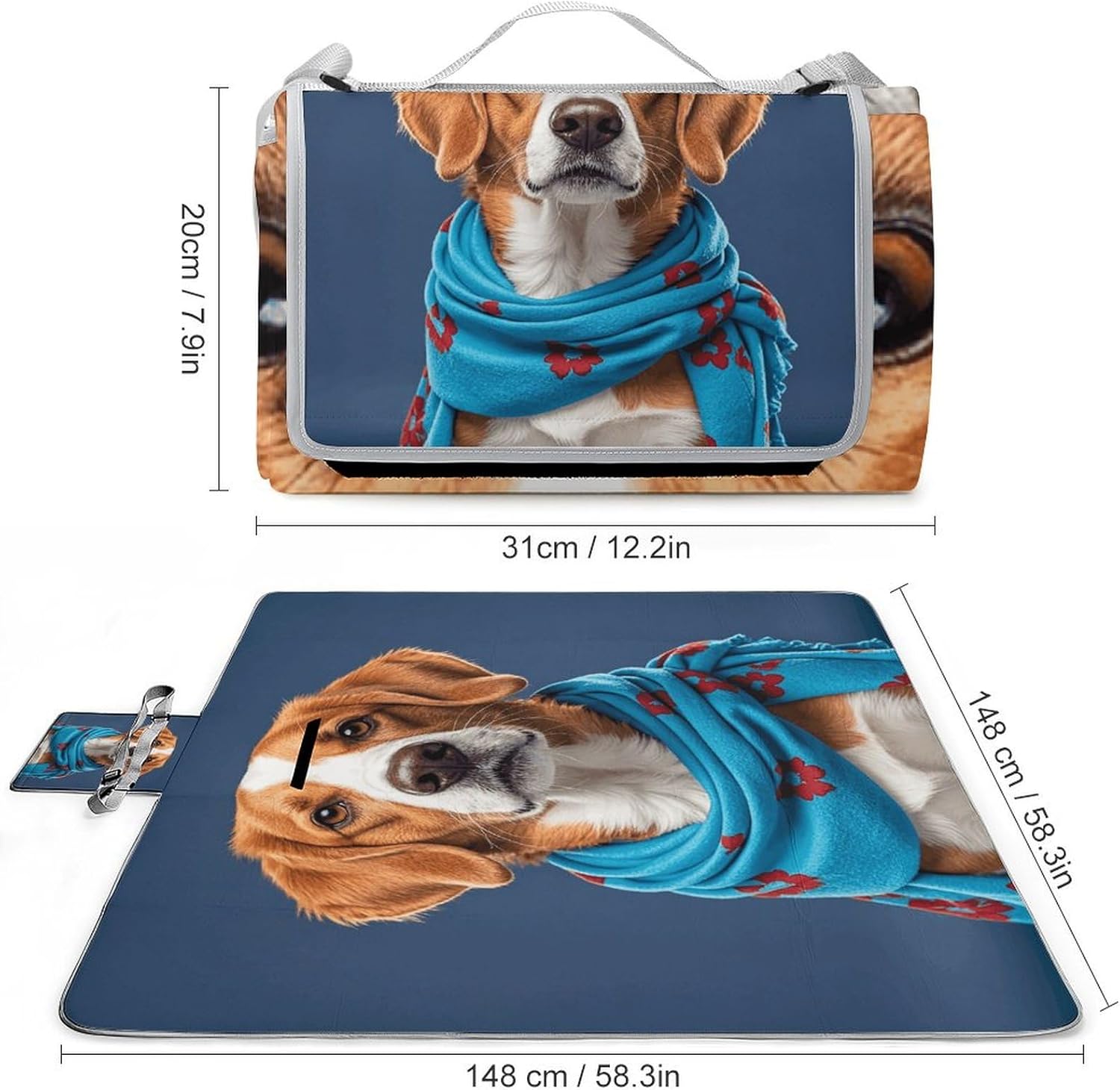 Outdoor Picnic Blanket Extra Large Beach Blanket Waterproof Picnic Mat Dog Wearing Blue Scarf Camping Blanket Portable with Carry Strap Park Blanket for Grass Camping Park