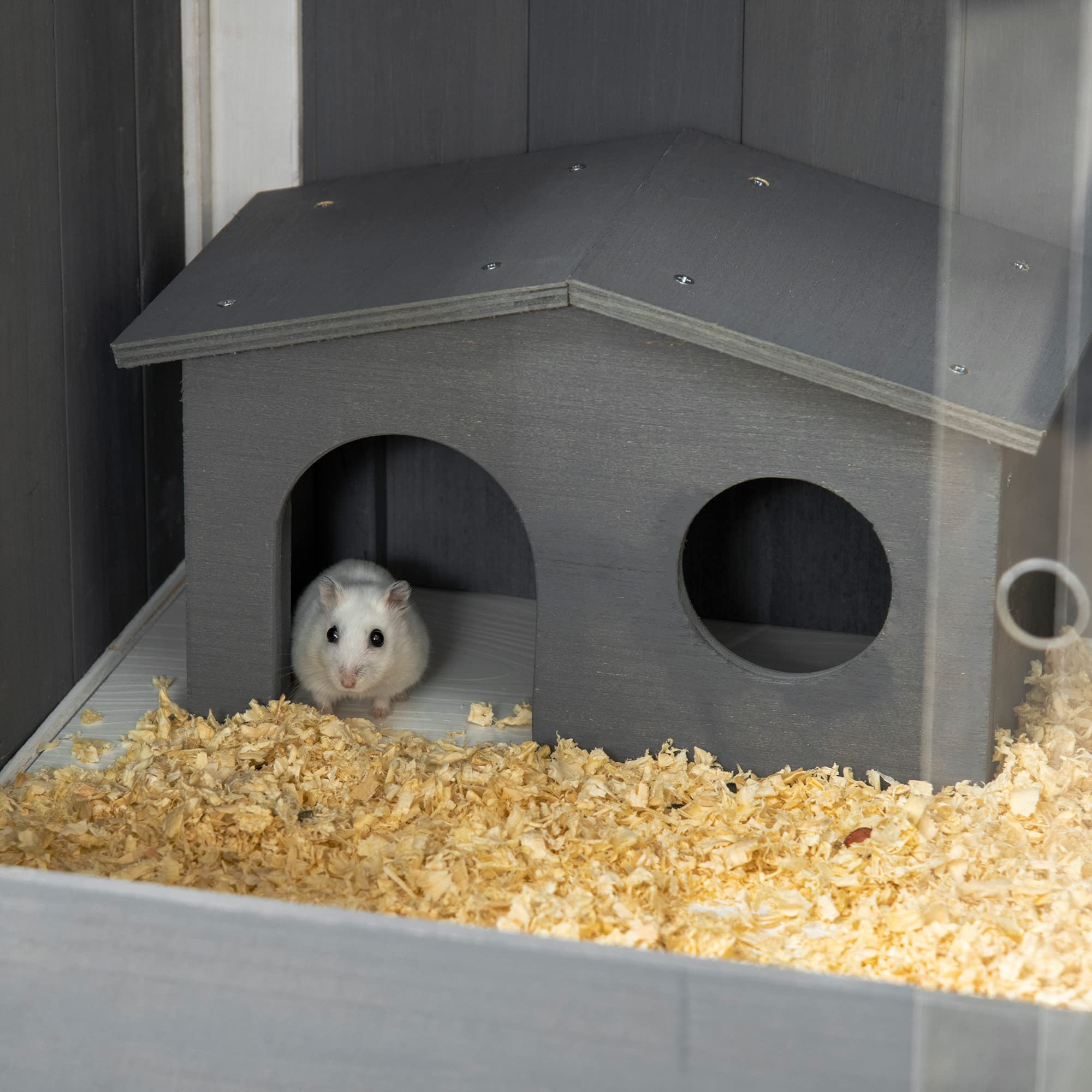 PawHut Jaula para Hámster de Madera 82x45x81 cm Casa para Roedores con Estante Desmontable 2 Puertas de Acrílico 2 Casitas para Animales Pequeños Gris Oscuro