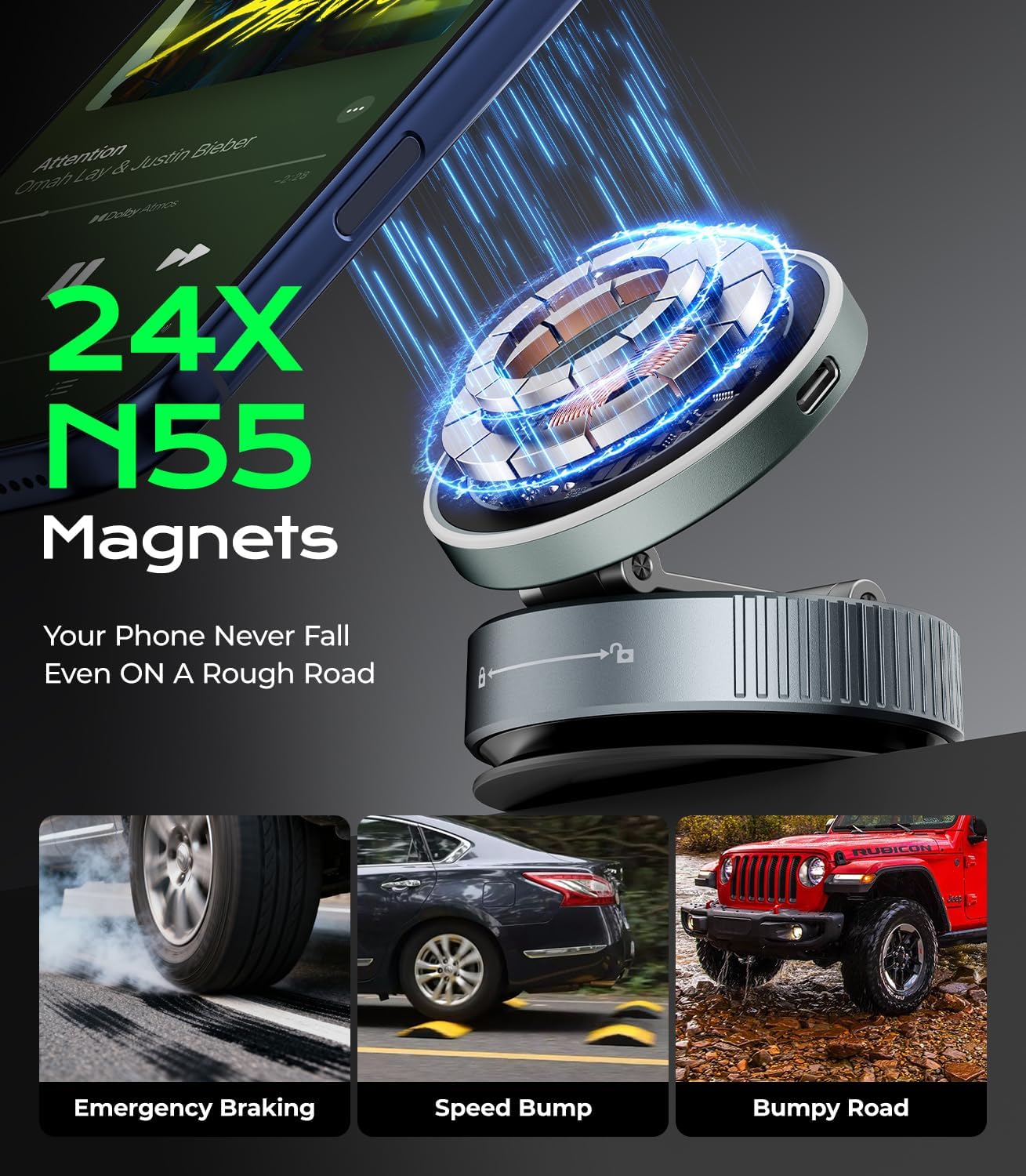 Meifigno for MagSafe Car Mount Charger, 15W Wireless Charger Stand with Vacuum Suction Cup, Magnetic Phone Holder for Car, for iPhone 17 Pro Max 16-12 & Android, 360°Adjustable & Foldable Phone Stand - Image 8