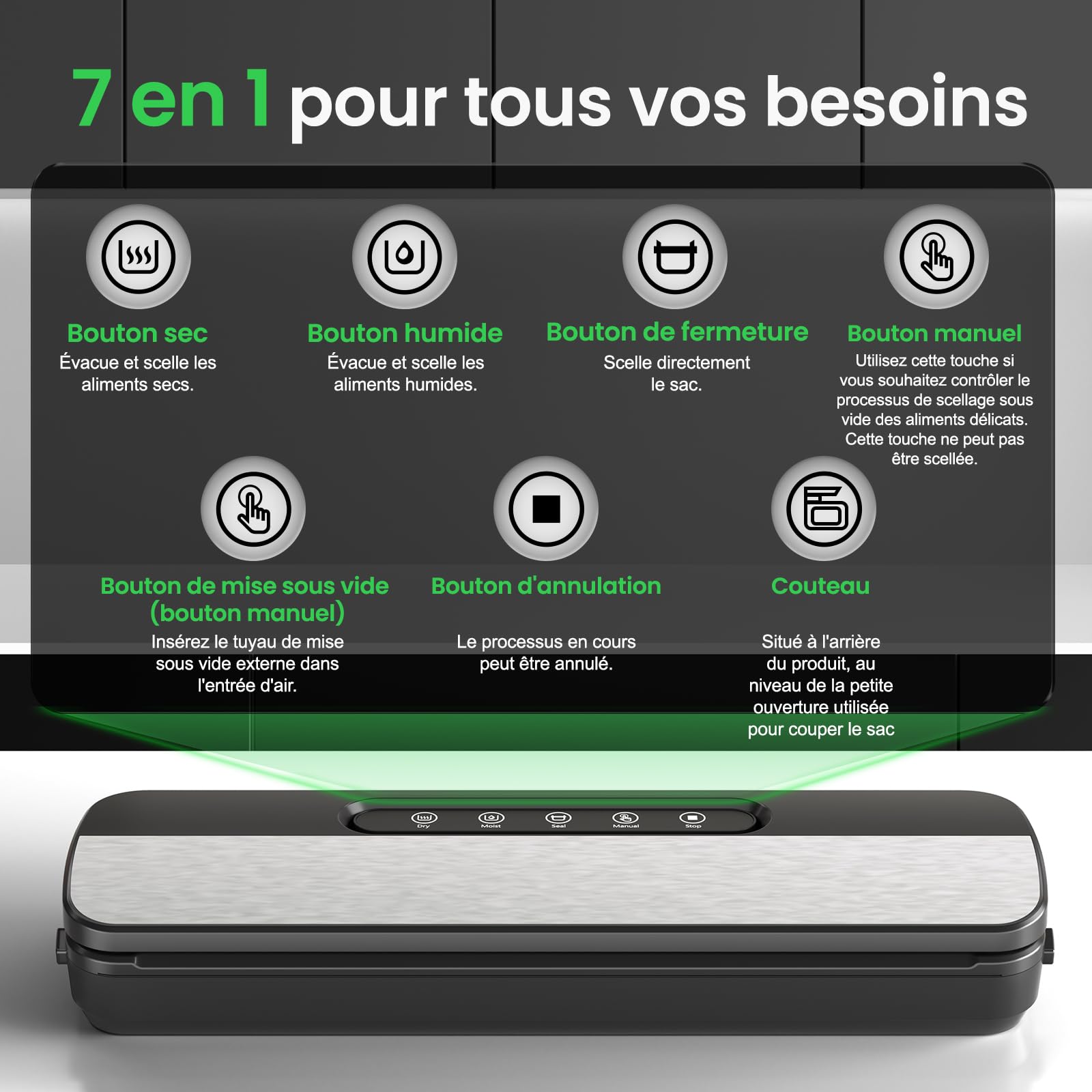Raycial Machine Sous Vide Alimentaire, 7-en-1 Appareil sous Vide Alimentaire 130W 90 kPa, Appareil de Mise Sous Vide pour La Cuisson Sous Vide, avec Cutter, 10 Sacs Prédécoupés et Tuyau D'extraction