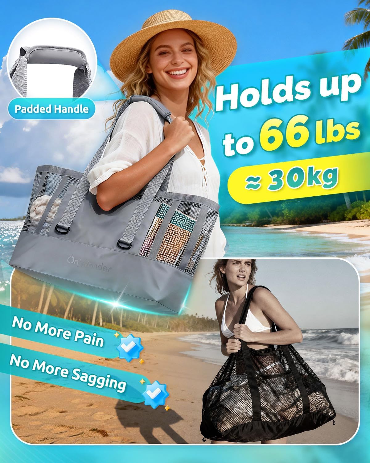 50L Beach Tote Bag with Waterproof Bottom and Coated Mesh for Beach Boat Pool Sports - Image 3