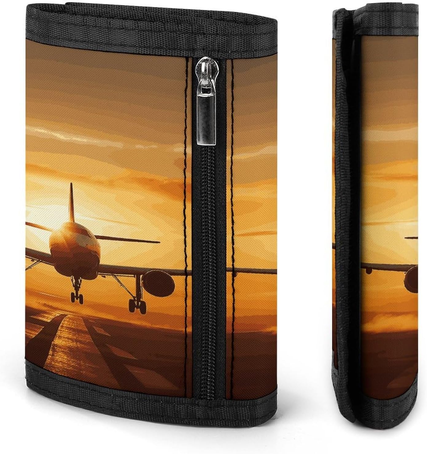 Aircraft Plane at Sunset Wallet for Men Women Zipper Travel Wallets Stylish Trifold Wallets with Large Capacity Bifold Wallet