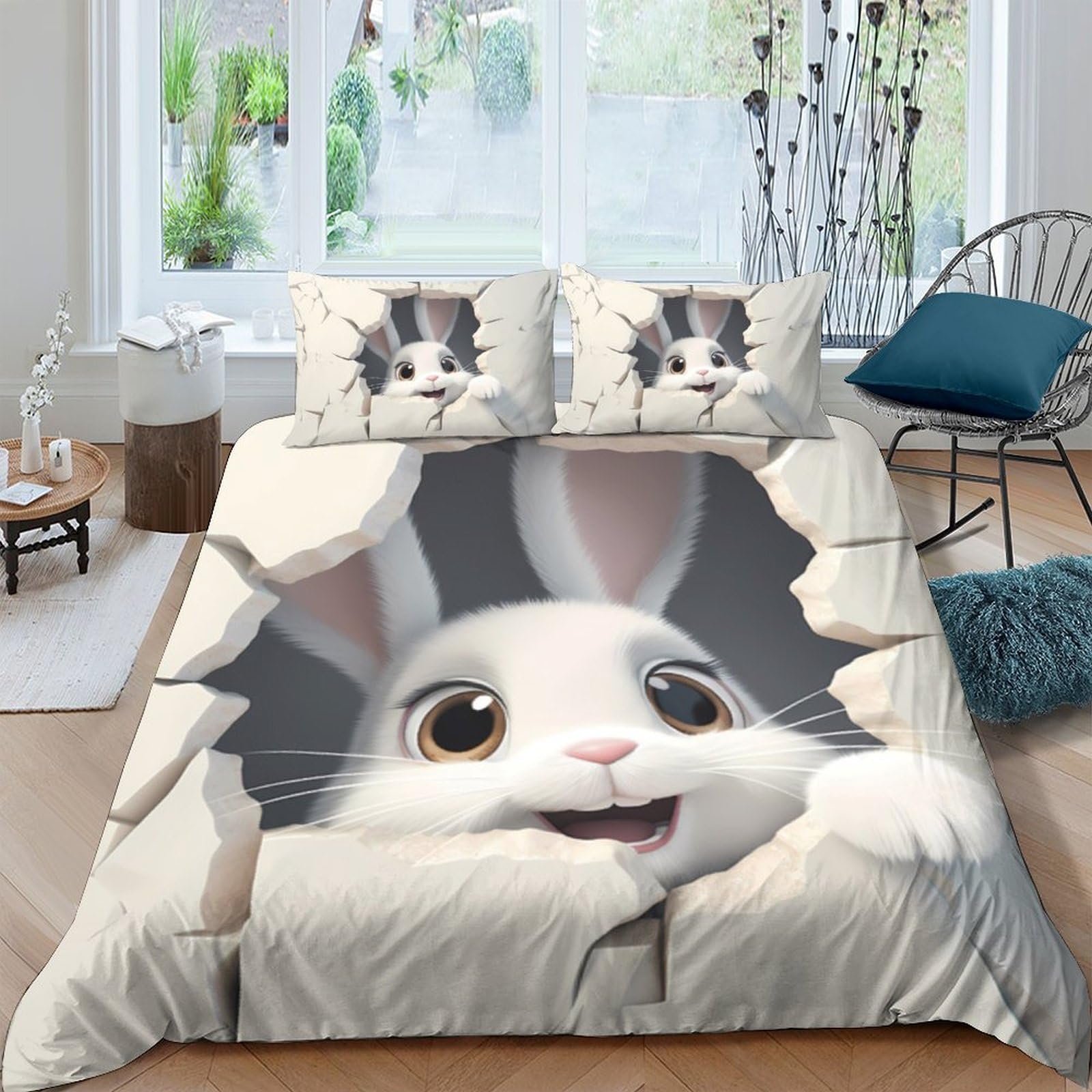 TUFRTGYHN 3D Printed Cute Bunny Duvet Cover Microfiber Soft Breathable Broken Wall Bedding Set with 2 Pillowcases for Bedroom Decor Single（135x200cm）