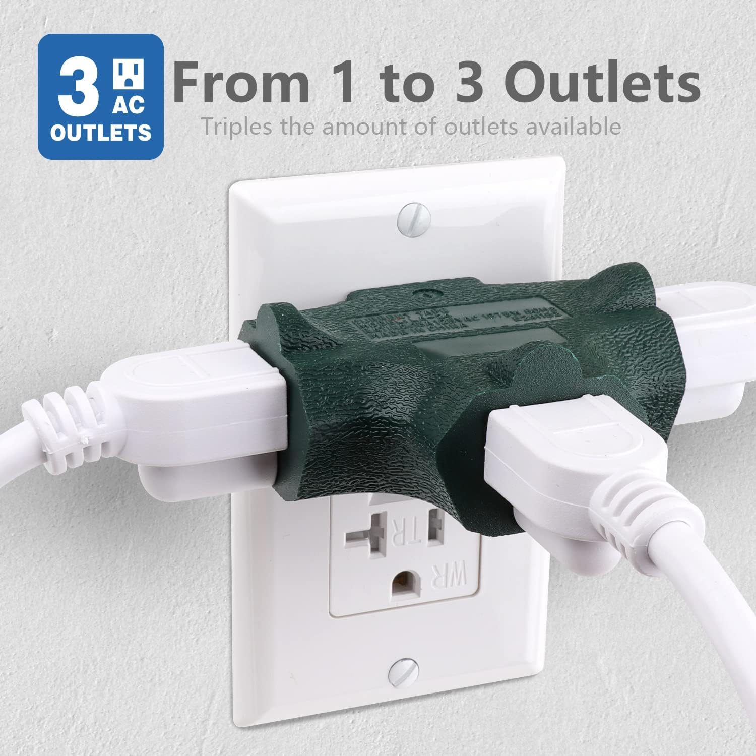 3-Outlet Grounding Adapter, Kasonic [UL Listed] Plug Extender, Heavy-Duty Grounded Power Tap - 3 Pack (Green)