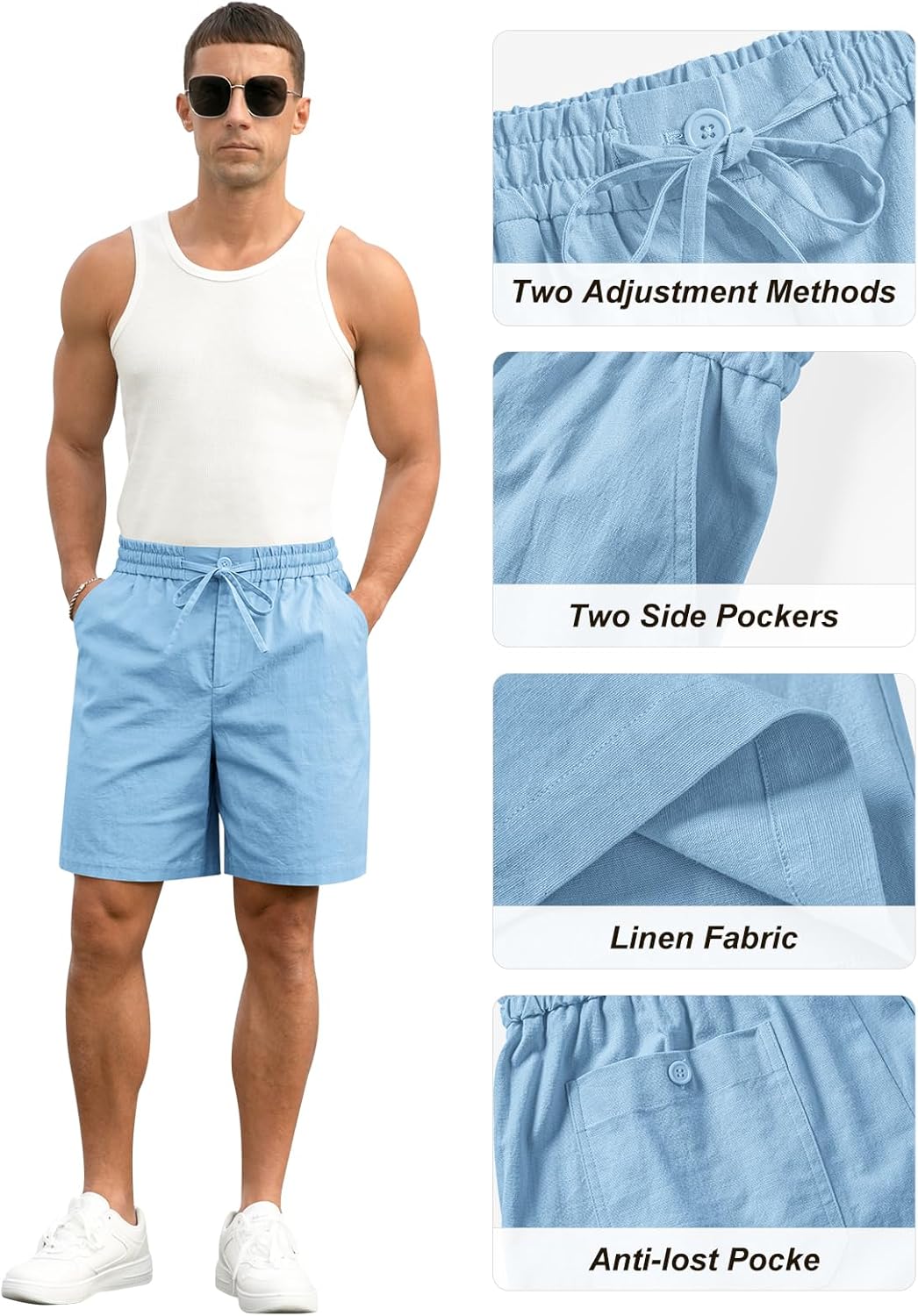 RQP Mens Cotton Linen Shorts Casual Drawstring 7inch Inseam Shorts Stretch Summer Beach Wear - Image 5