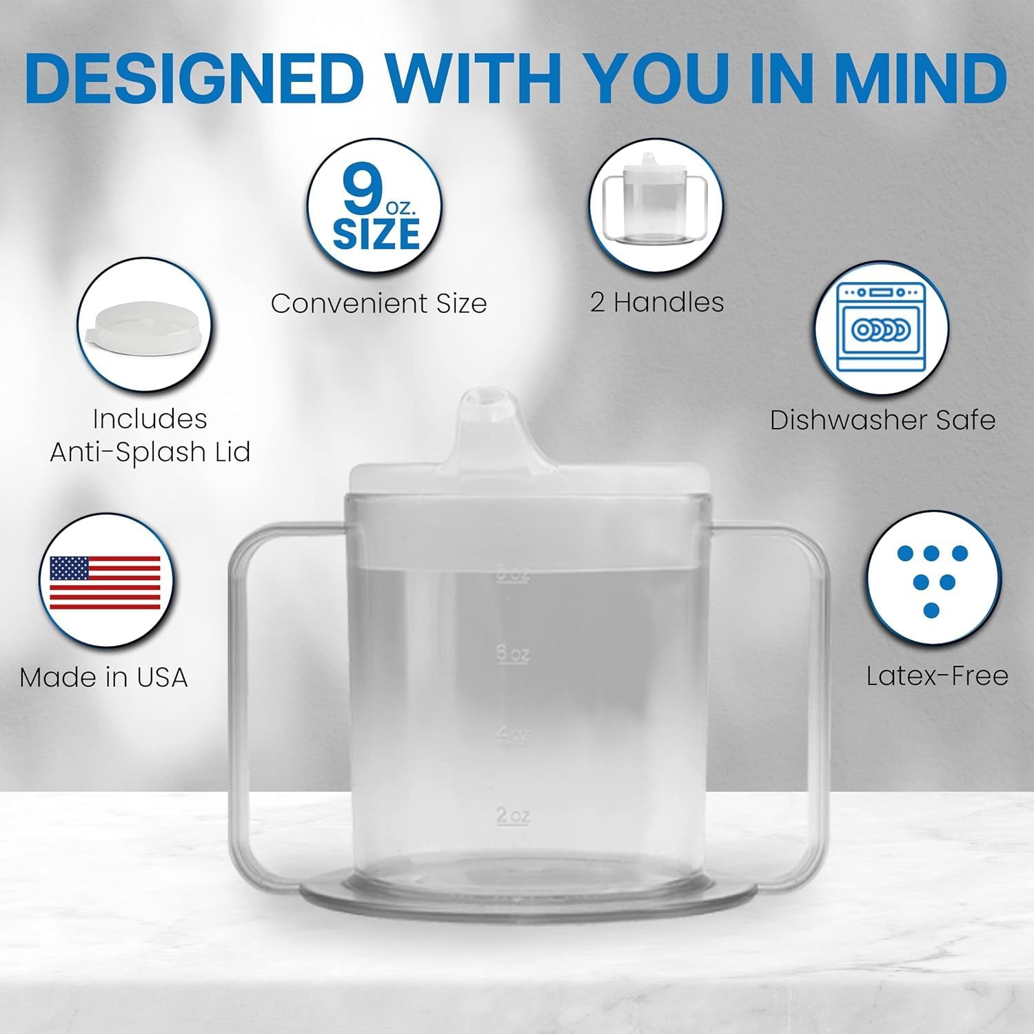 9oz Adult Sippy Cup with 2 Handles - Independence Sip Mug with 2 Style Lids, for Adults With Limited Mobility - Handicapped Accessories - Cups for Elderly Care - Made in the USA – 2 Pack