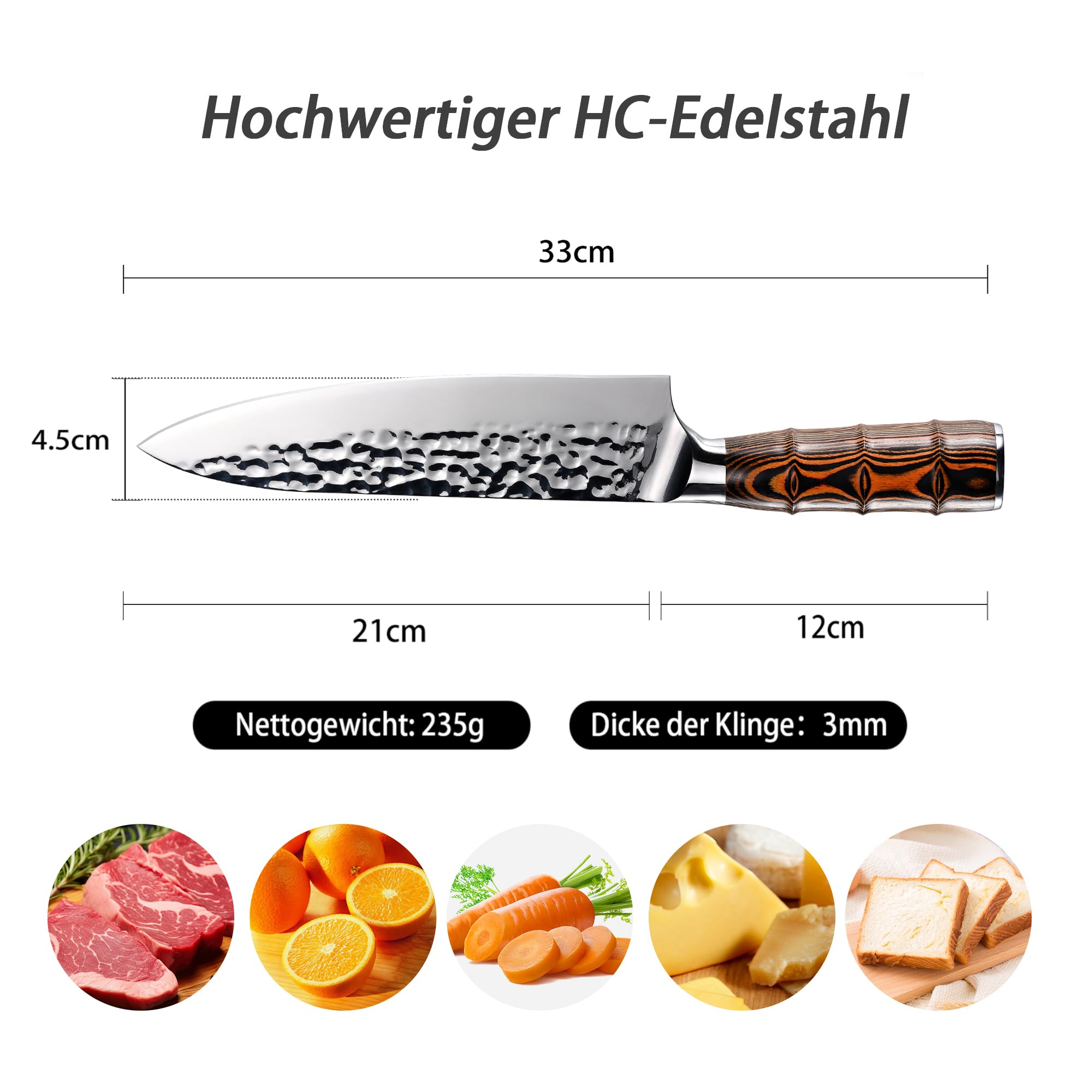 Couteau de Chef 20 cm, Couteau de Cuisine Professionnel, Lame Acier Inoxydable Haute Carbone, Poignée Bambou Ergonomique