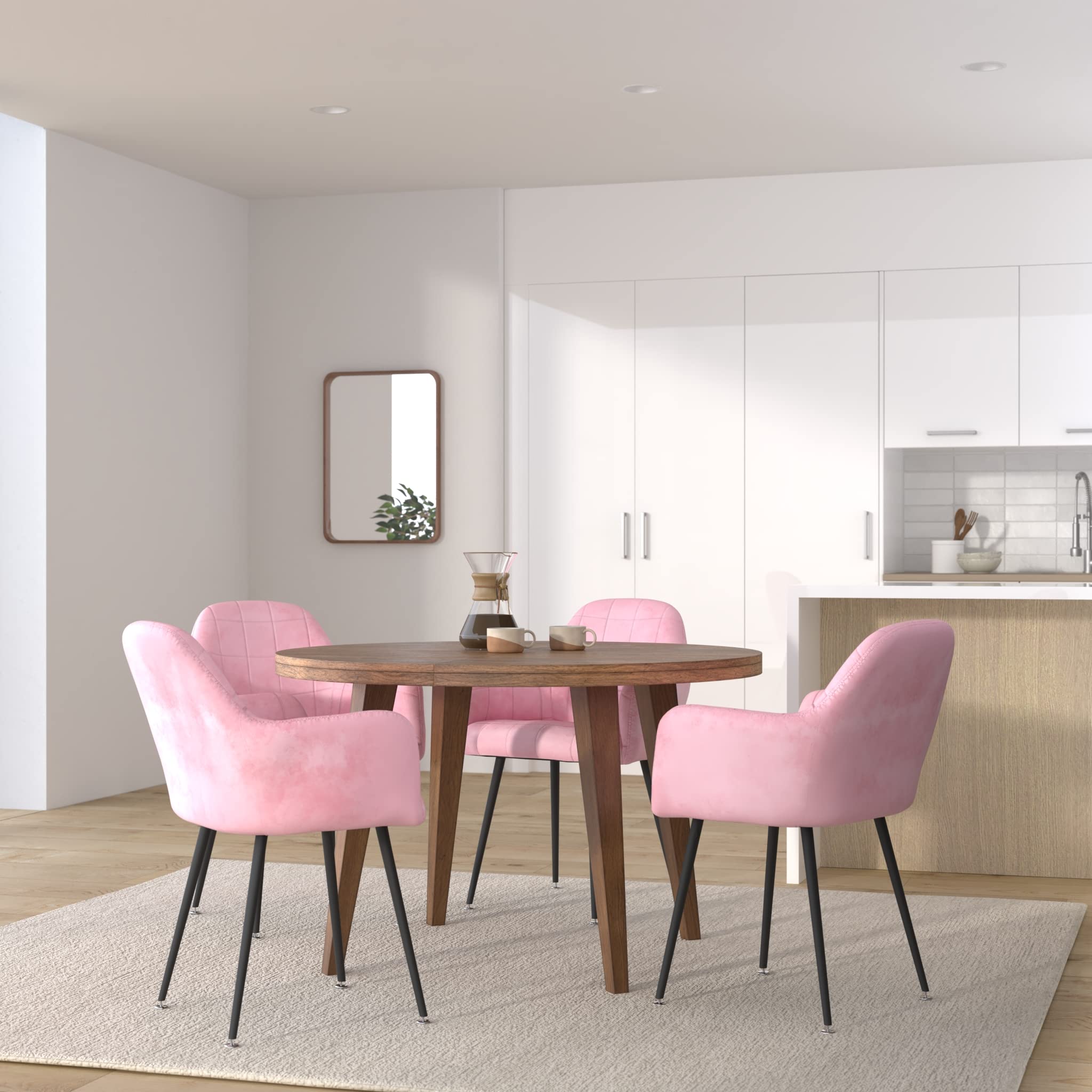 ECD Germany Lot de 4 Chaises de Salle à Manger - Assise Siège Rembourrée en Velours - Structure en Métal - Fauteuil avec Accoudoirs - Chaise de Salon - Chaises de Réception pour Bureau - Rose
